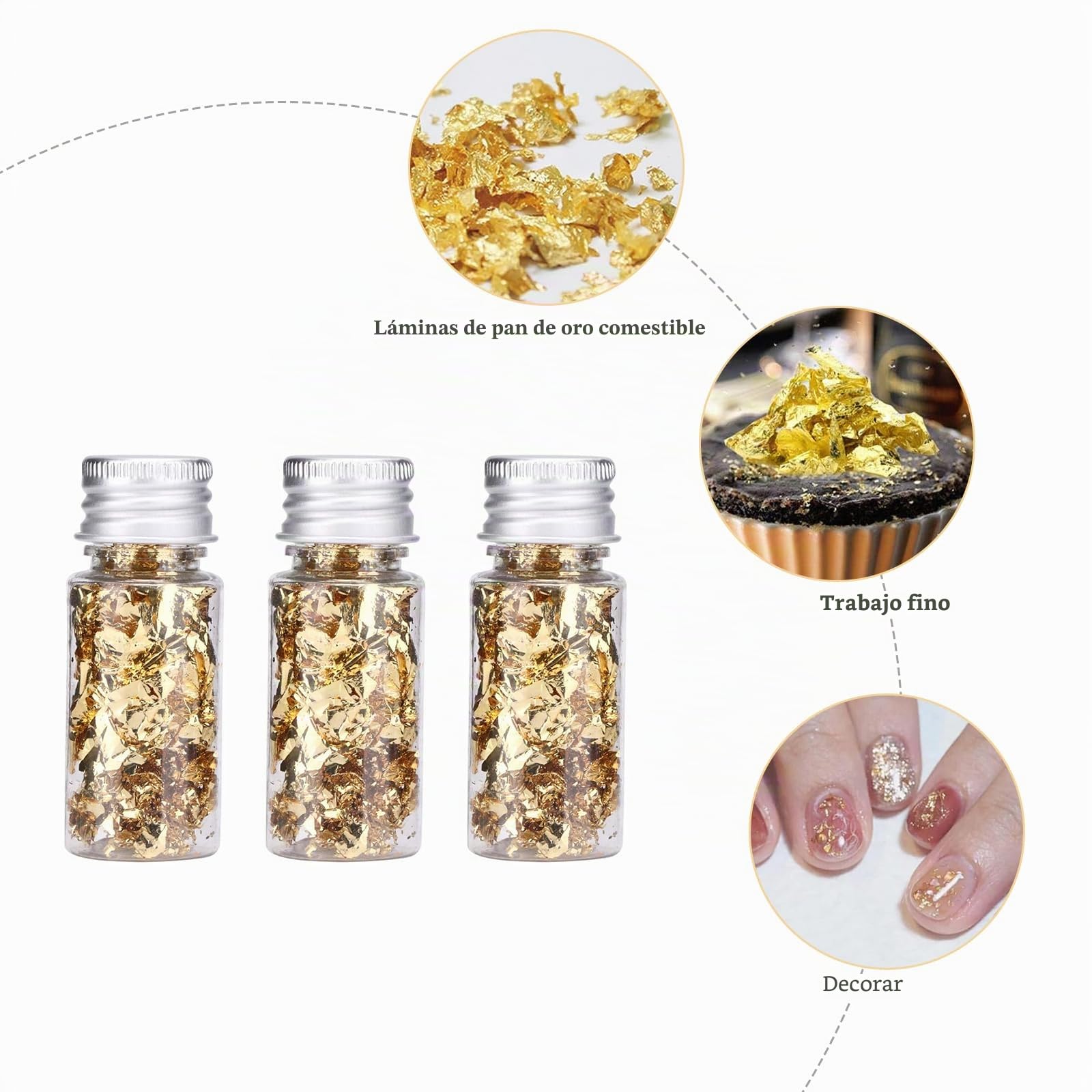 3 Botellas Hojas de Oro Comestibles - Pan Oro para Decorar de Pasteles - Pan Oro Manualidades para Maquillaje - Copos Lámina Oro para Tartas para Decoración Alimentos Pintura Uñas
