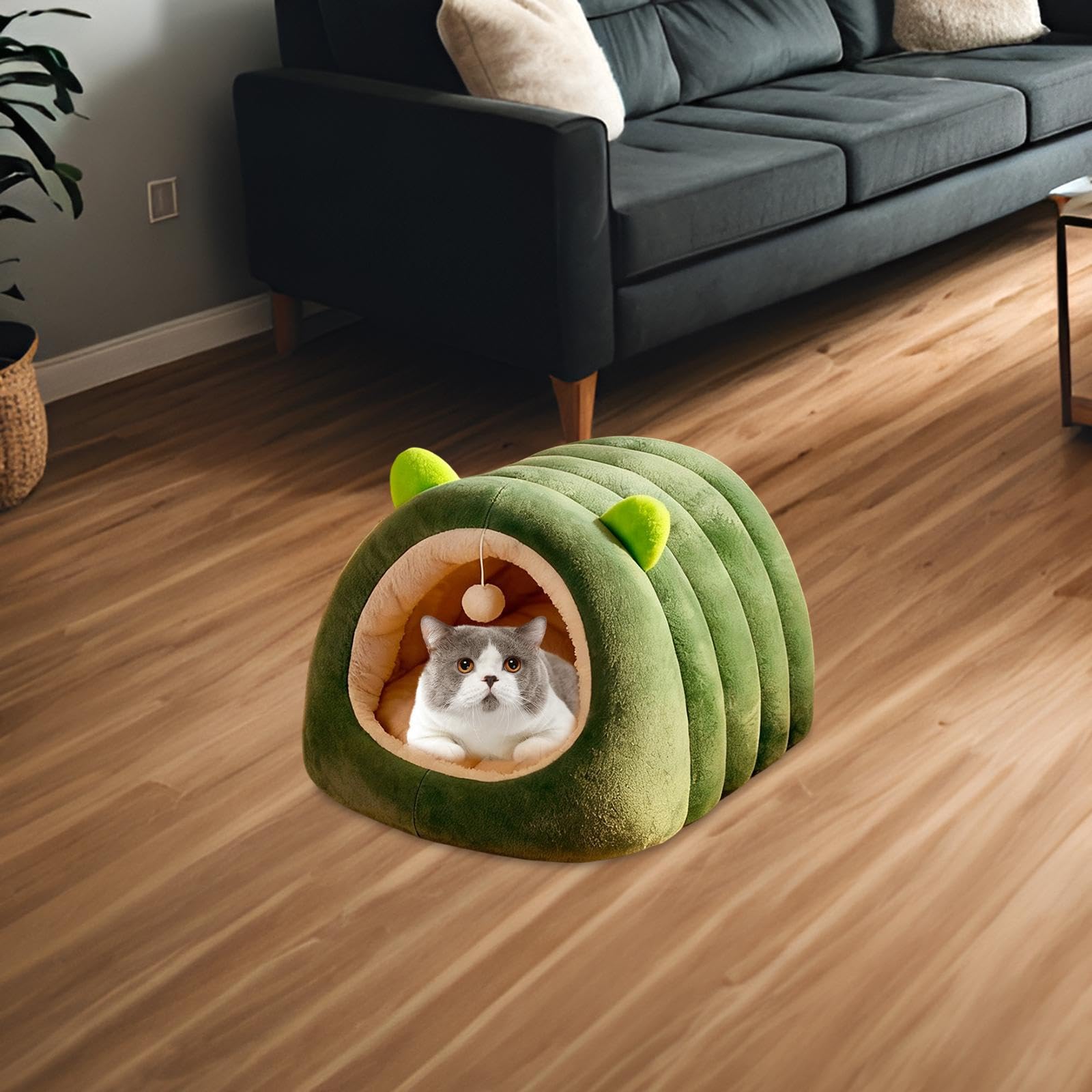Cuccia per Gatti Chiusa, Calda e Accogliente, con Cuscino Rimovibile e Lavabile, mobiletto, Cuccia Rilassante per Gatti, Green M
