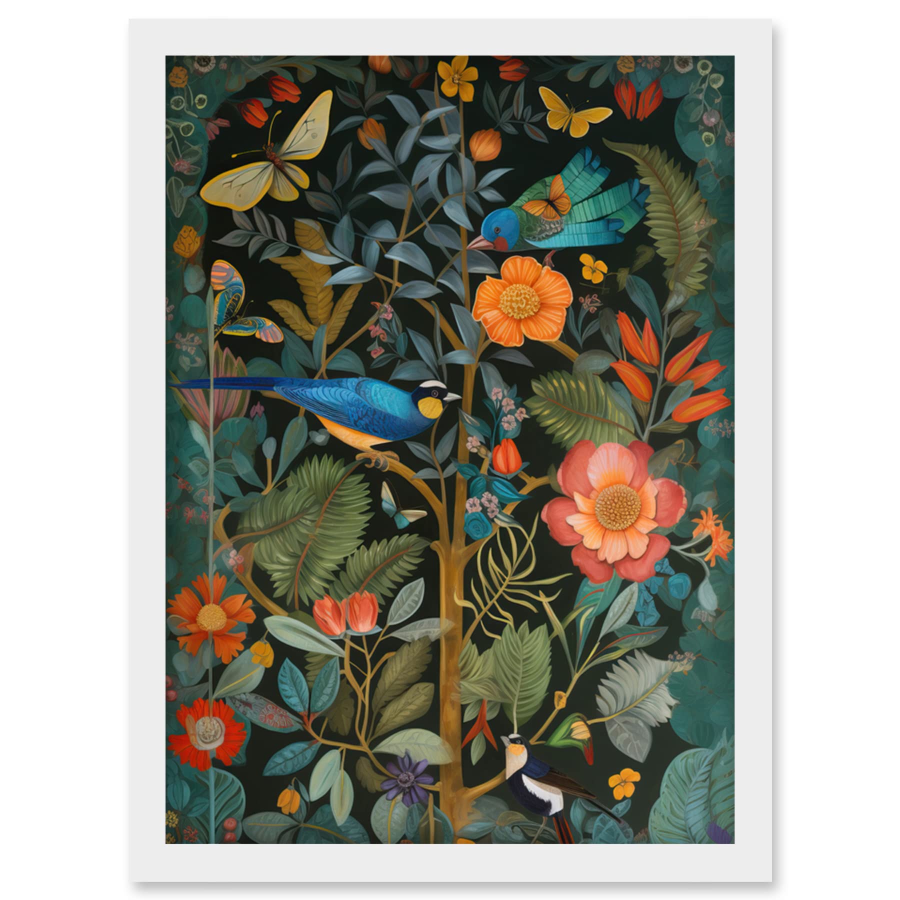 Artery8 A4 Framed Wall Art Print - Birds and Butterflies Modern Flower Art Nouveau Artwork
