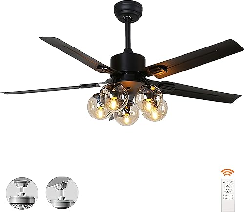 Ventilador de techo negro de 52 pulgadas con ventilador de techo negro claro con luz y control remoto, ventilador de techo negro mate con ventilador