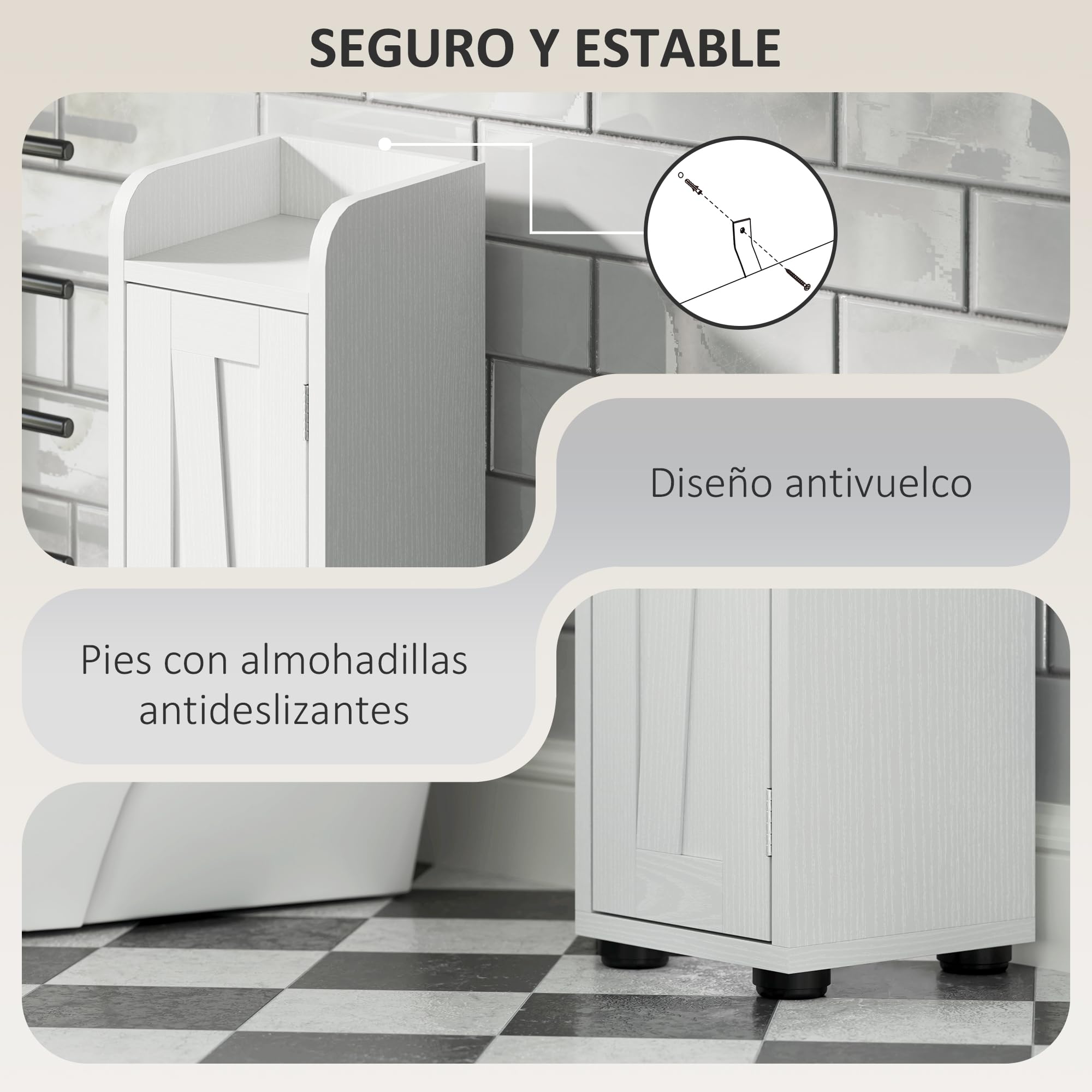 HOMCOM Columna de Baño Estrecha con 2 Puertas Armario Alto de Baño Rústico con Cajón Compartimento Abierto Estantes Ajustables y Portarrollos 20x20x185 cm Blanco