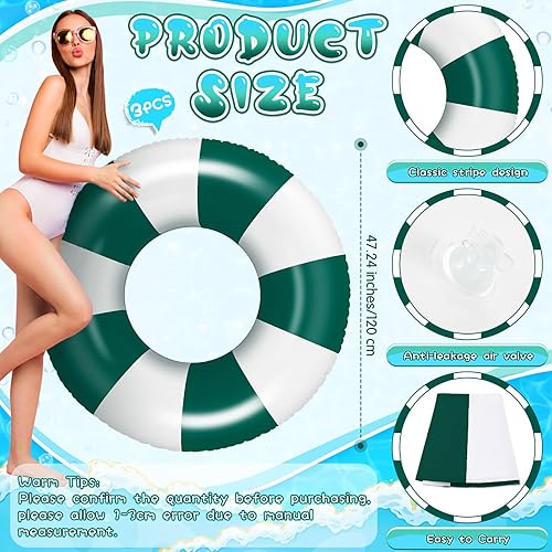 Miniatura 2 de Flotadores de piscina jumbo de 47.24 pulgadas, anillo de natación grande a rayas de color verde oscuro, tubo inflable para piscina de adultos,
