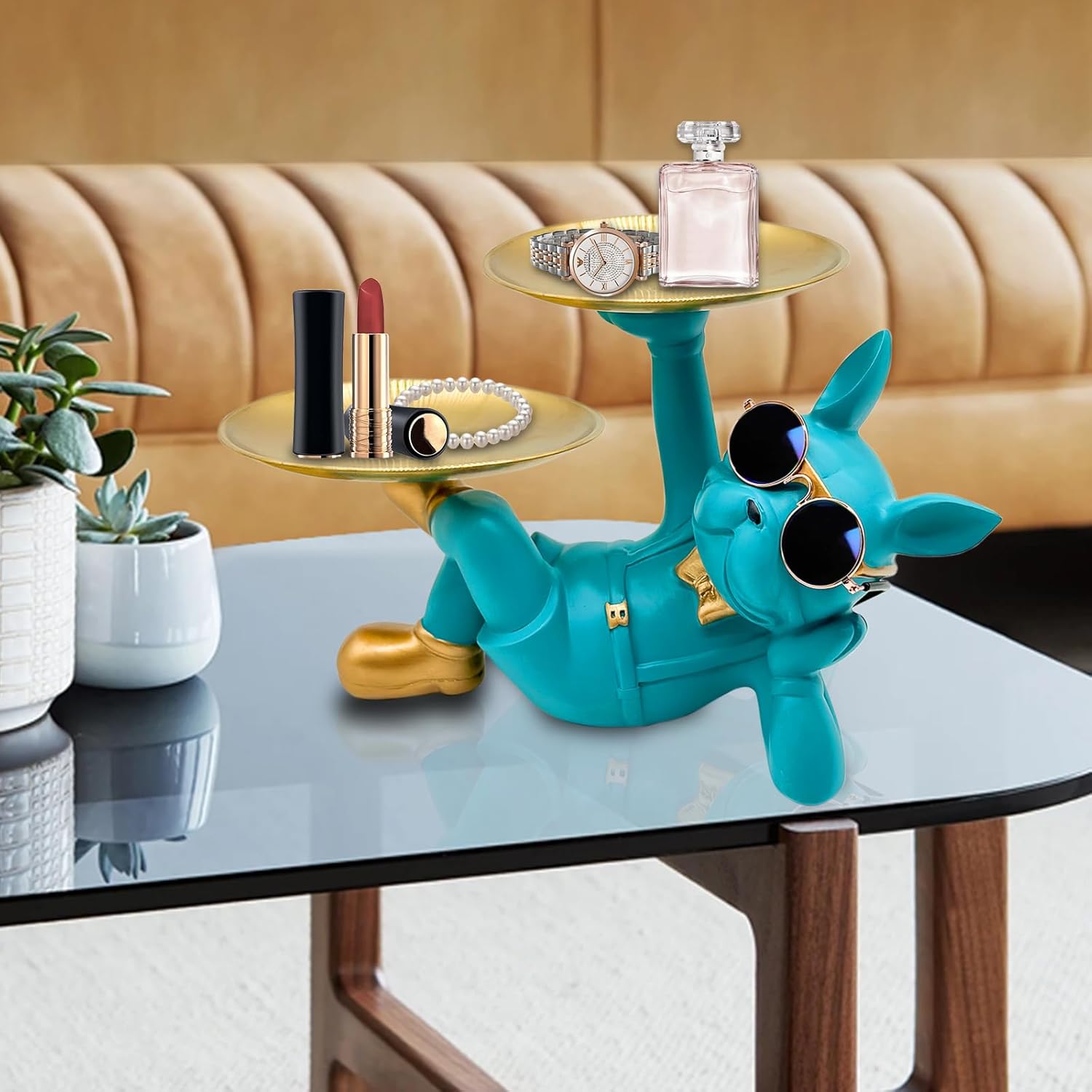 Resin French Bulldog Tray Statue, Lying Bulldog Candy Dish Key Holder Bowl, French Bulldog Accessories, Statues for Office Desk Home Decor Figurines Entryway Table Decor (Blue Green) - Image 5