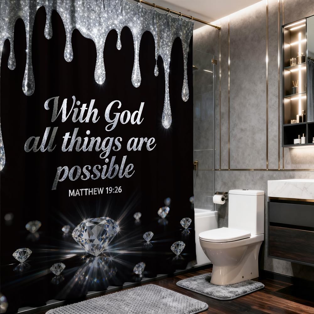 Shower Curtain Diamonds Black Silver Shiny 3D Water Proof Fabric Shower Curtain Set with 12 Hooks 183 * 183cm/72 * 72in Bible Verse Bathroom Curtains for Hotels Bathtubs Accessories