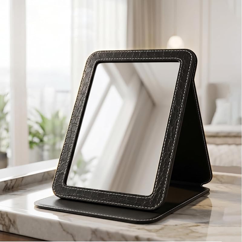 Espelho de mesa dobrável preto Ximruyuv com suporte e ângulo ajustável, 13,46 x 17,53 cm
