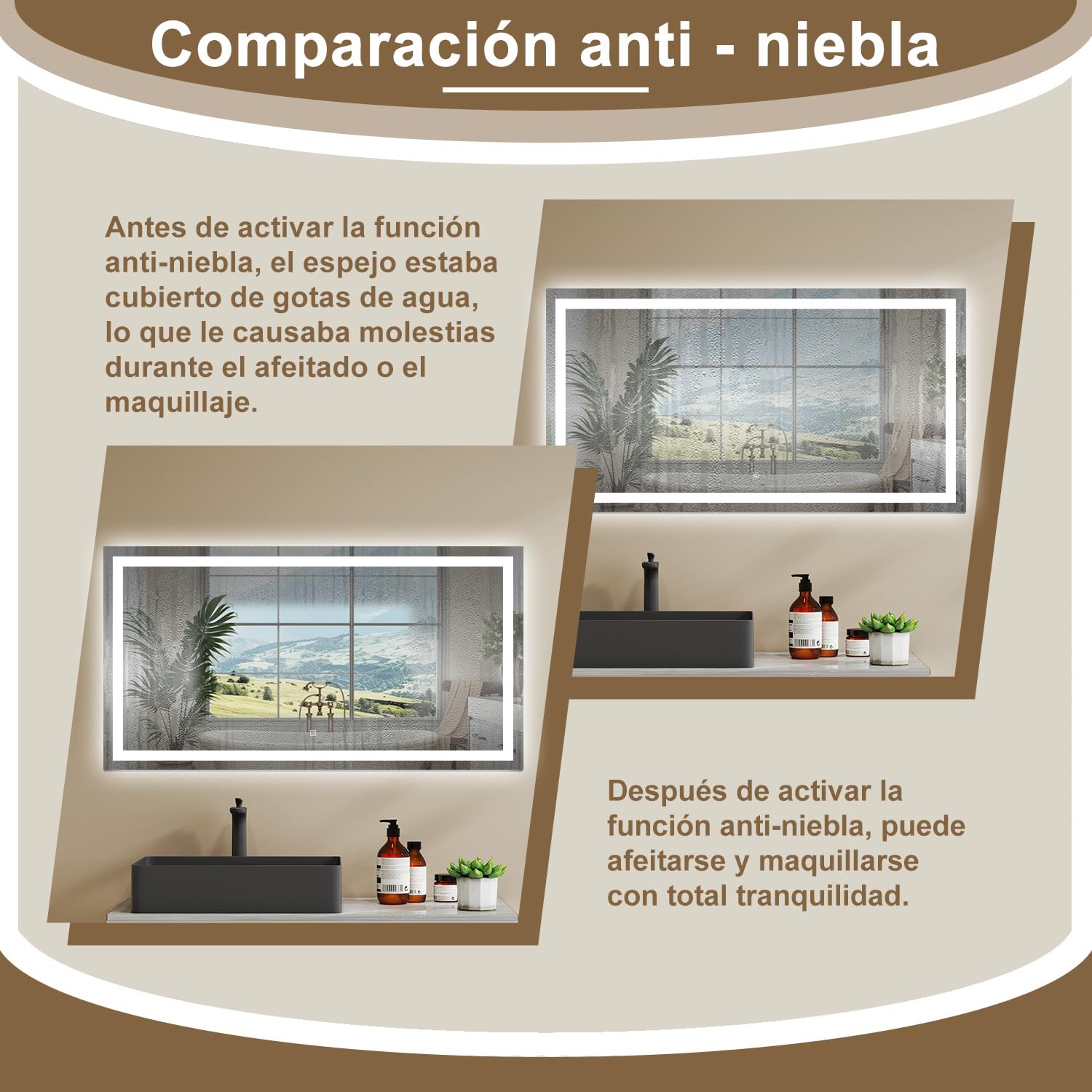 Aica Sanitaer Espejo de baño con led,120 x 70 cm, luz led con Tres Colores,con función antivaho, Memoria agapada y Brillo Ajustable