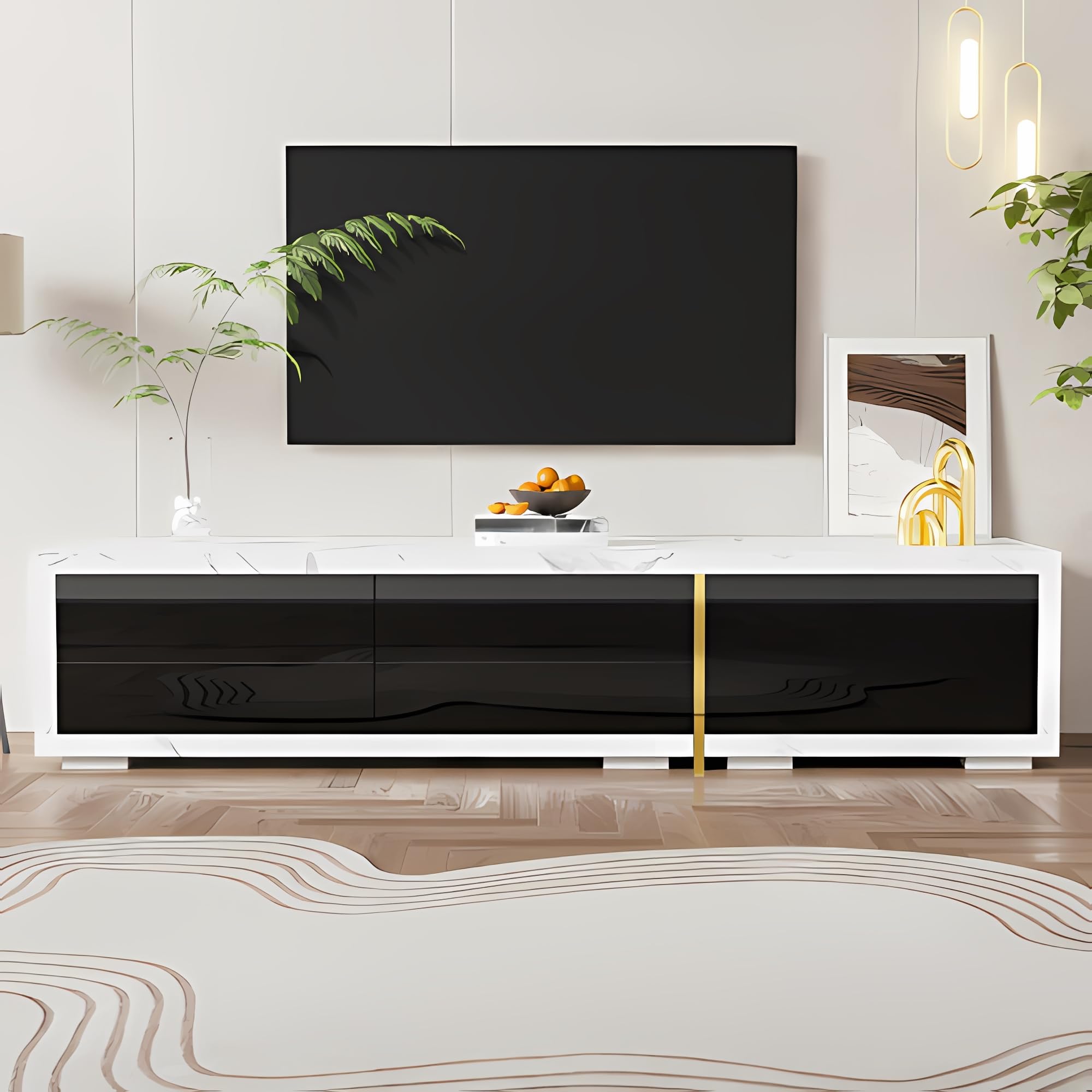 Mobile TV con lunghezza variabile (140 – 260 cm), finitura opaca, con funzione girevole, effetto marmo bianco, per soggiorno, camera da letto