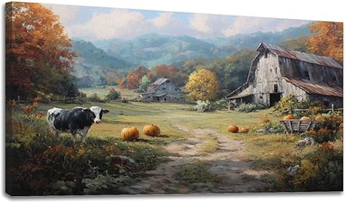 Miniatura 40 de 24"x 48" Fall Canvas Wall Art Highland Cow Rustic Vintage Forest Landscape Farmhouse Autumn Framed Pictures Painting Print Large Wall Art for Living