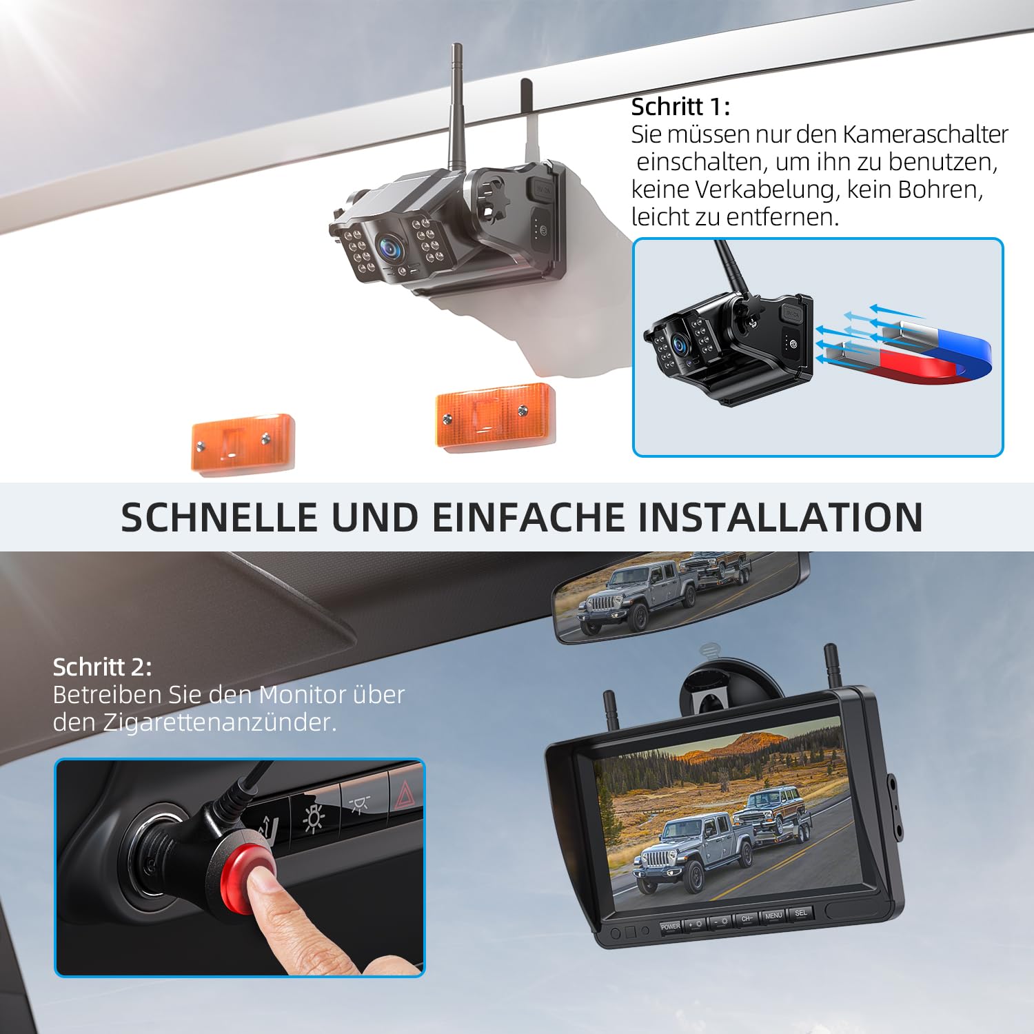 ERapta Kabellose Rückfahrkamera - 7 Zoll HD Monitor Mit Solar-Ladung