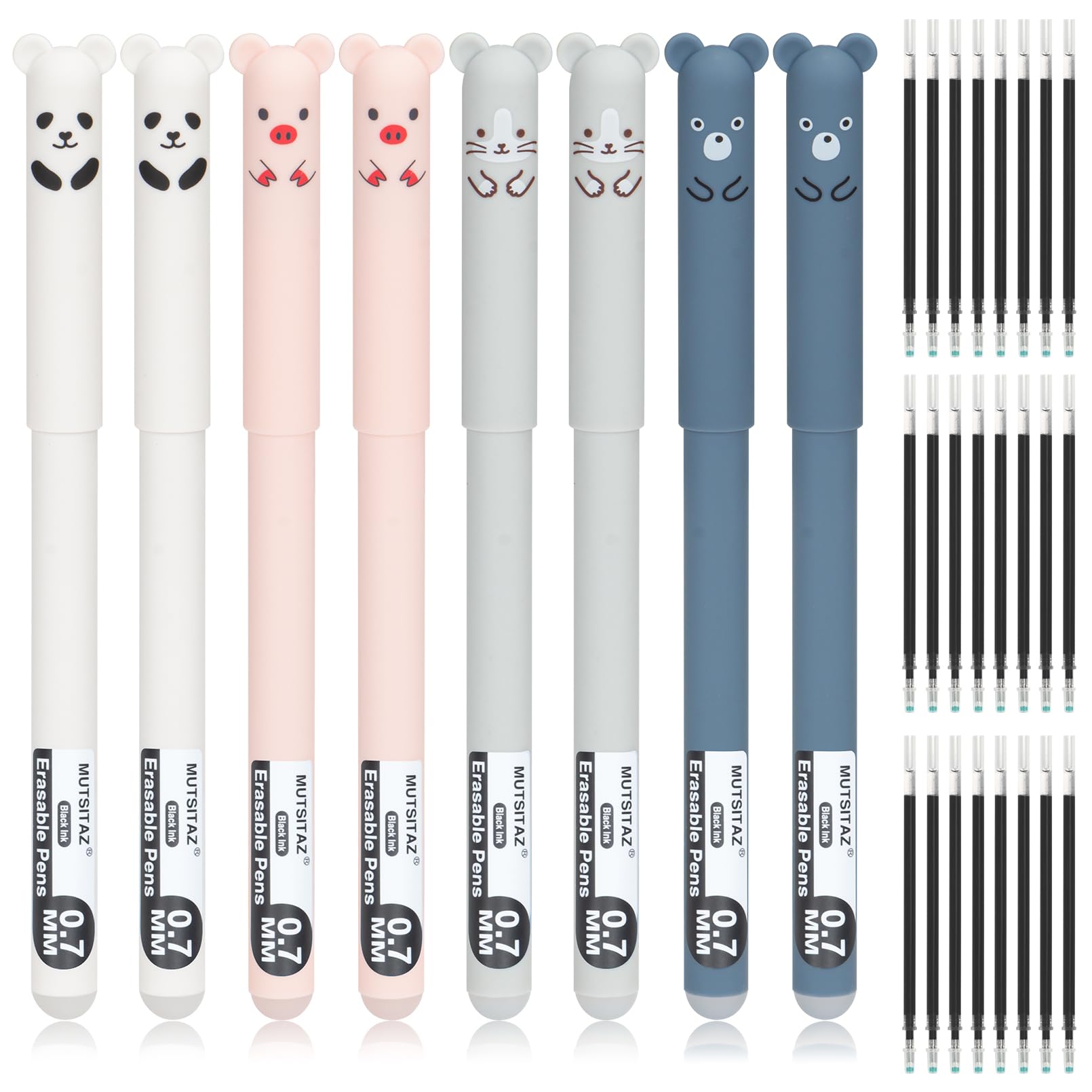Mutsitaz Erasable Pens Black Ink – 8pcs Cute Animal Friction Pens with 24 Refills, 0.7mm Rub Out Gel Pen for School & Office Supplies