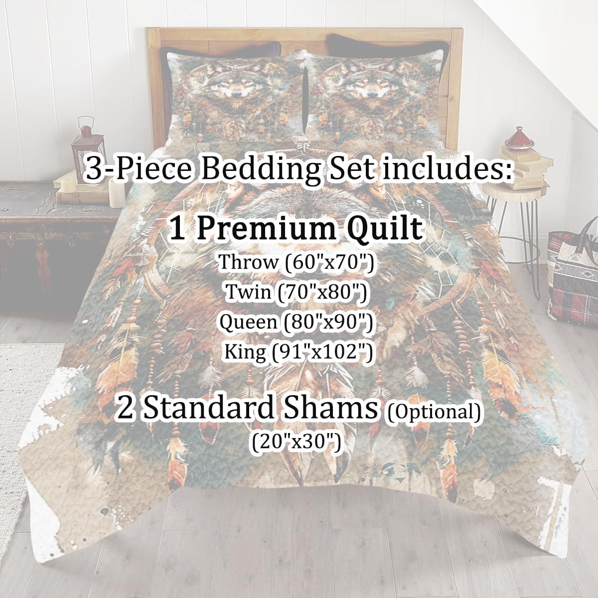 Custom Wolf Quilt - Queen Size Dreamcatcher - Native Pattern - Feather Material - Indian Style - Twin Bedspread - Gift For Wolf Lovers