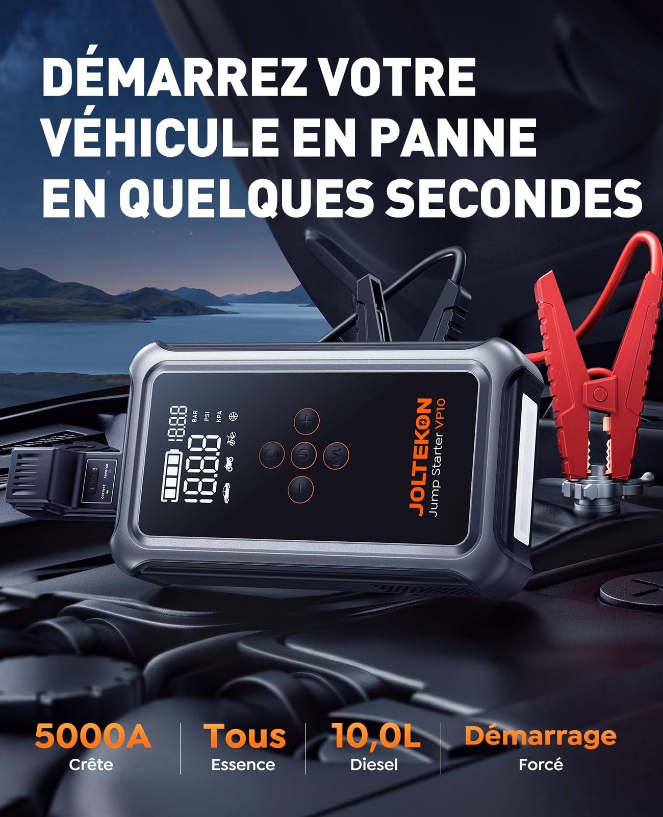 5000A Booster Batterie Voiture avec Gonfleur 150 PSI, Démarreur Batterie Voiture (Tous Gaz ou 10,0 L Diesel), 12V Jump Starter avec 5 Modes d'inflation, 3 Modes LED, Écran, Démarrage Forcé