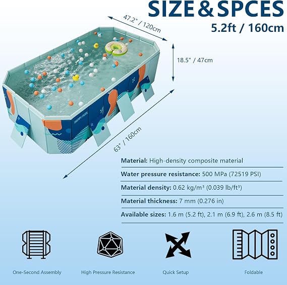 Foldable Pool for Adults Hard Plastic Non-Inflatable Portable Outdoor Pool for Backyard and Garden Ideal for Family Water Activities 2.6m
