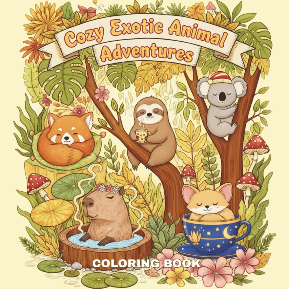 Cozy Exotic Animal Adventures: Unique Stress Relief Coloring Book For Adults and Teens