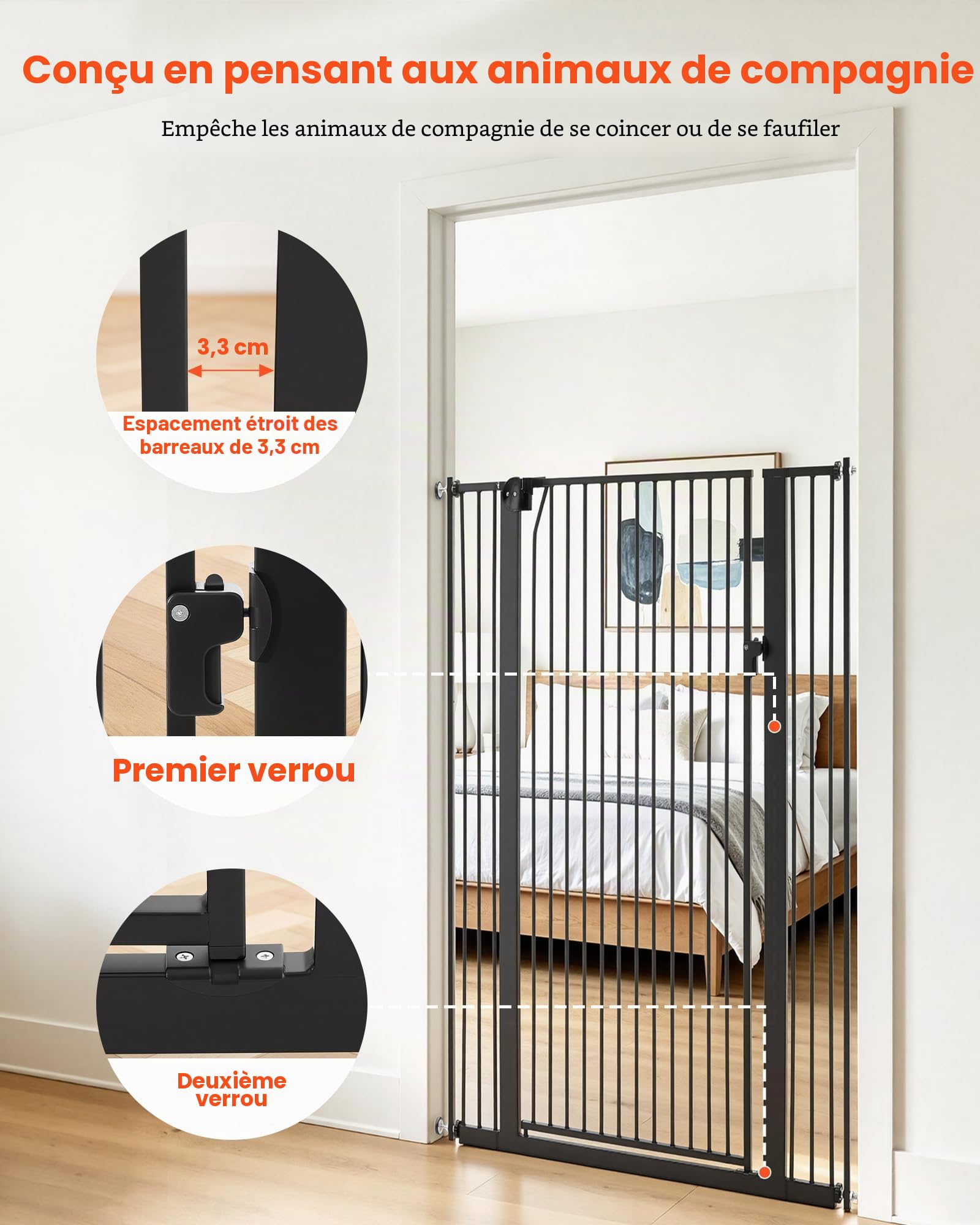 VEVOR Barrière de Sécurité pour Animaux Très Haute, Largeur Réglable 74-105 cm, Porte Chien Hauteur 142 cm, Barreaux Espacés 33 mm, Fixation par Pression ou Murale, pour Escaliers Portes Maison, Noir