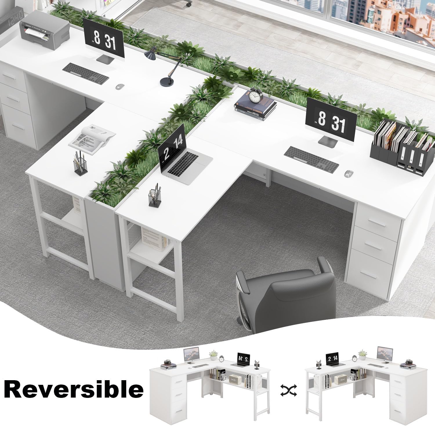 LVB White L Shaped Corner Desk with Drawers, Reversible Modern L-Shaped Computer Desk with Storage Cabinet Shelves, Large Wood Metal L Shape Home Office Desk for Work Study Writing Gaming, 59 Inch