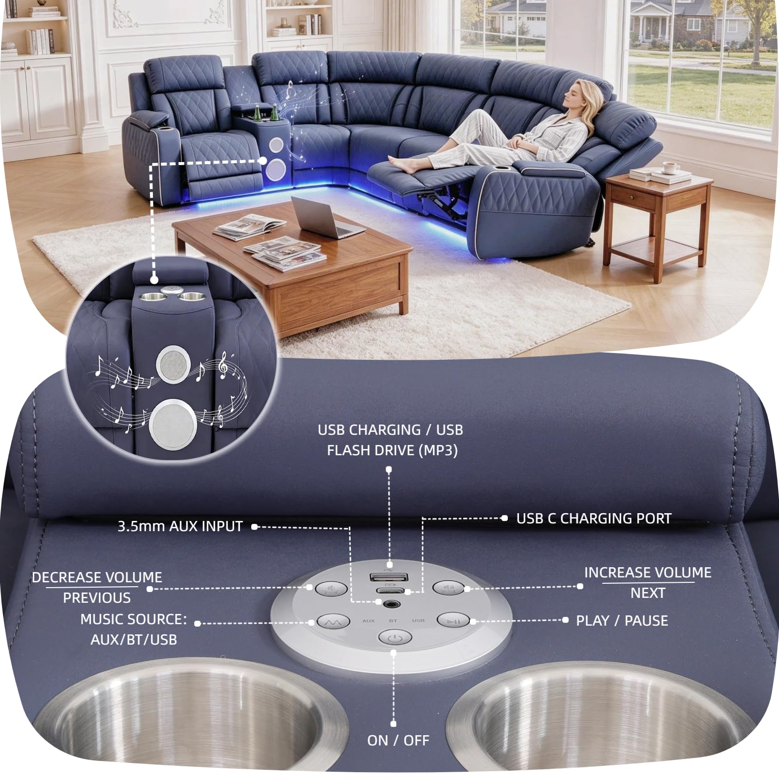 Power Reclining Sectional Sofa Set with Speakers, L-Shaped Sanded Leather Recliner Sectional Couch with USB Ports, Cup Holders & Storage, Luxury Living Room Furniture Set for Home and Office view 3