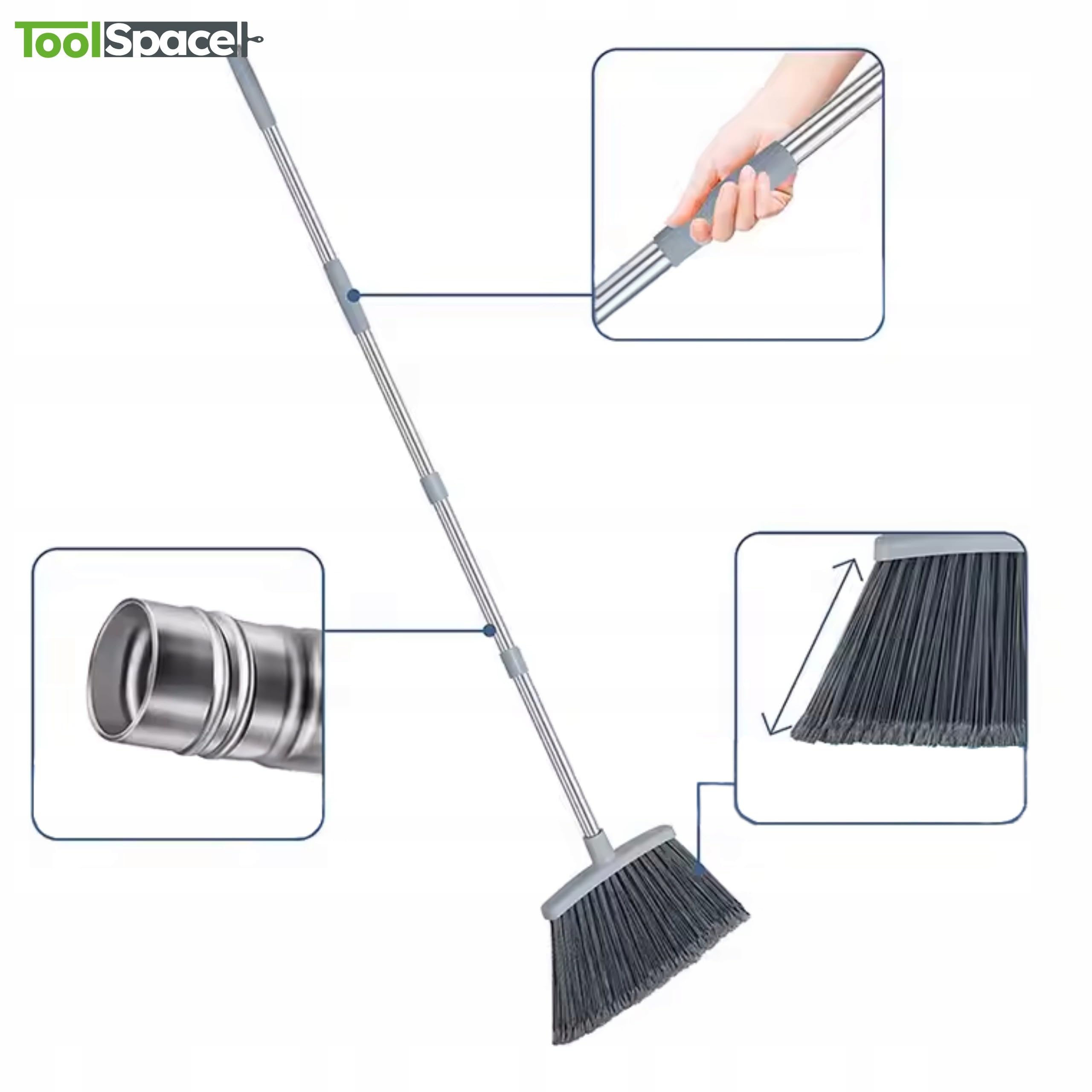 ToolSpace Scopa da Giardino per Esterni 38 cm con Manico Telescopico in Acciaio 133 cm (Altezza 145 cm) Grande Spazzolone Industriale Setole Dure per Pulizia Strada Pavimenti Terrazze Cortili Grigio