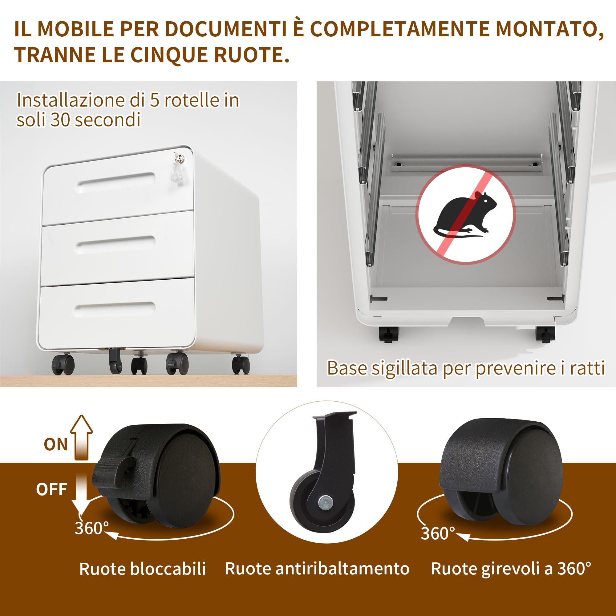 Cassettiera per Ufficio con 3 Cassetti, Design con Angoli Arrotondati, Schedario da Ufficio Bloccabile, Completamente Assemblata, Bianco