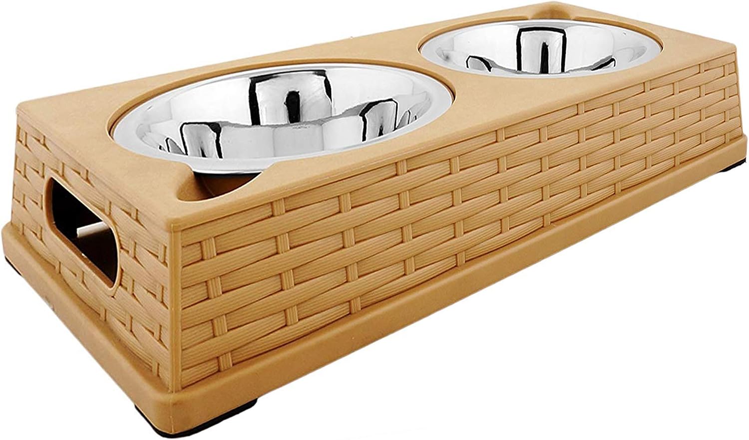 Iconic Pet Color Splash Rattan Double Diner Stainless Steel Dog & Cat Food & Water Bowl Set with Anti-Skid Wicker Finish Riser, Beige…