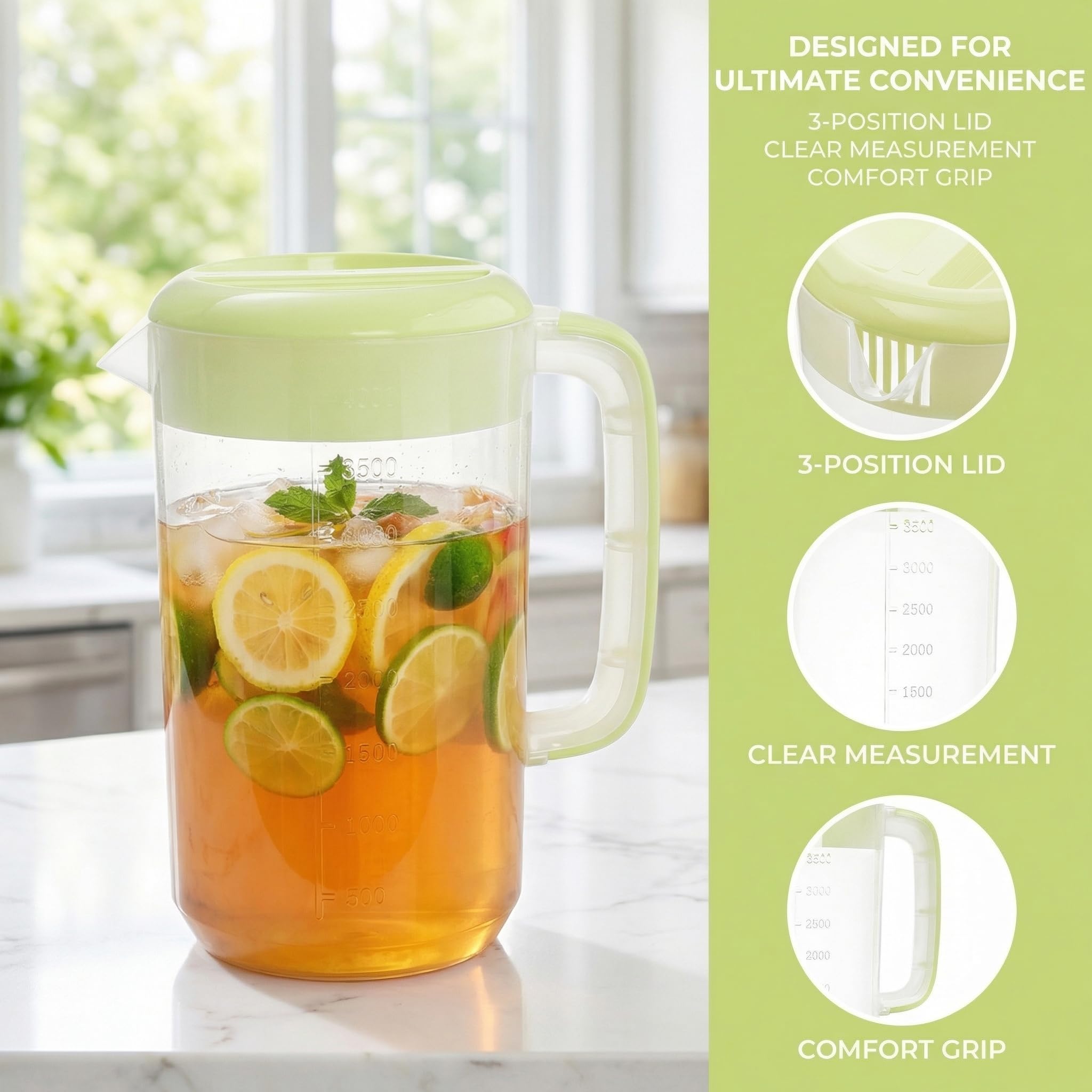 Jucoan 2 Stück 4 l großer Kunststoff-Siebkrug, transparenter Krug für Eistee, Getränke, Wasserkaraffe, Krug mit grünem Siebdeckel, Griffen, Maßen, perfekt für Limonade