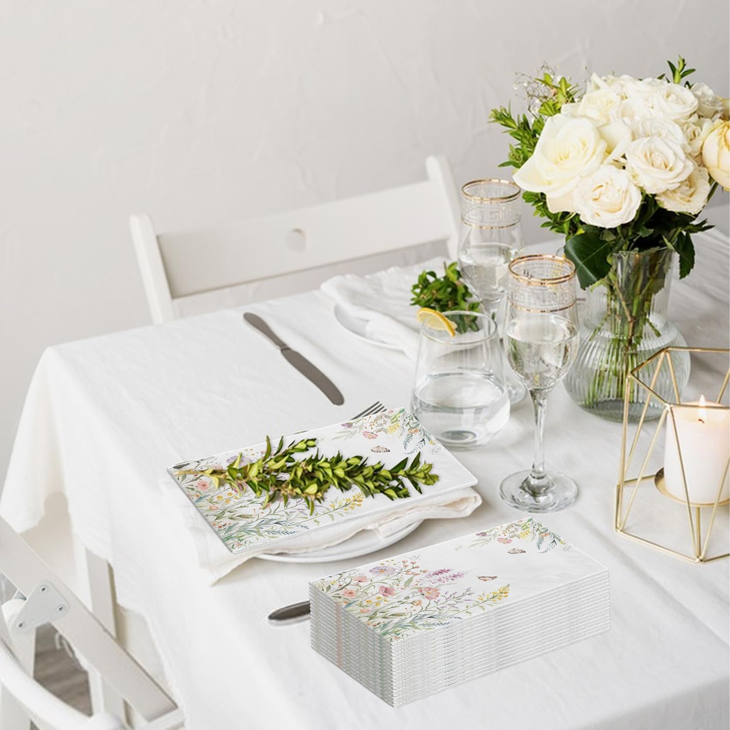 100 Spring Flower Napkins - Watercolor Wild Flower Disposable Hand Towels - Napkins Disposable Decorative for Bathroom Toilet Room Wedding Baby Shower Birthday Bridal Party Decor