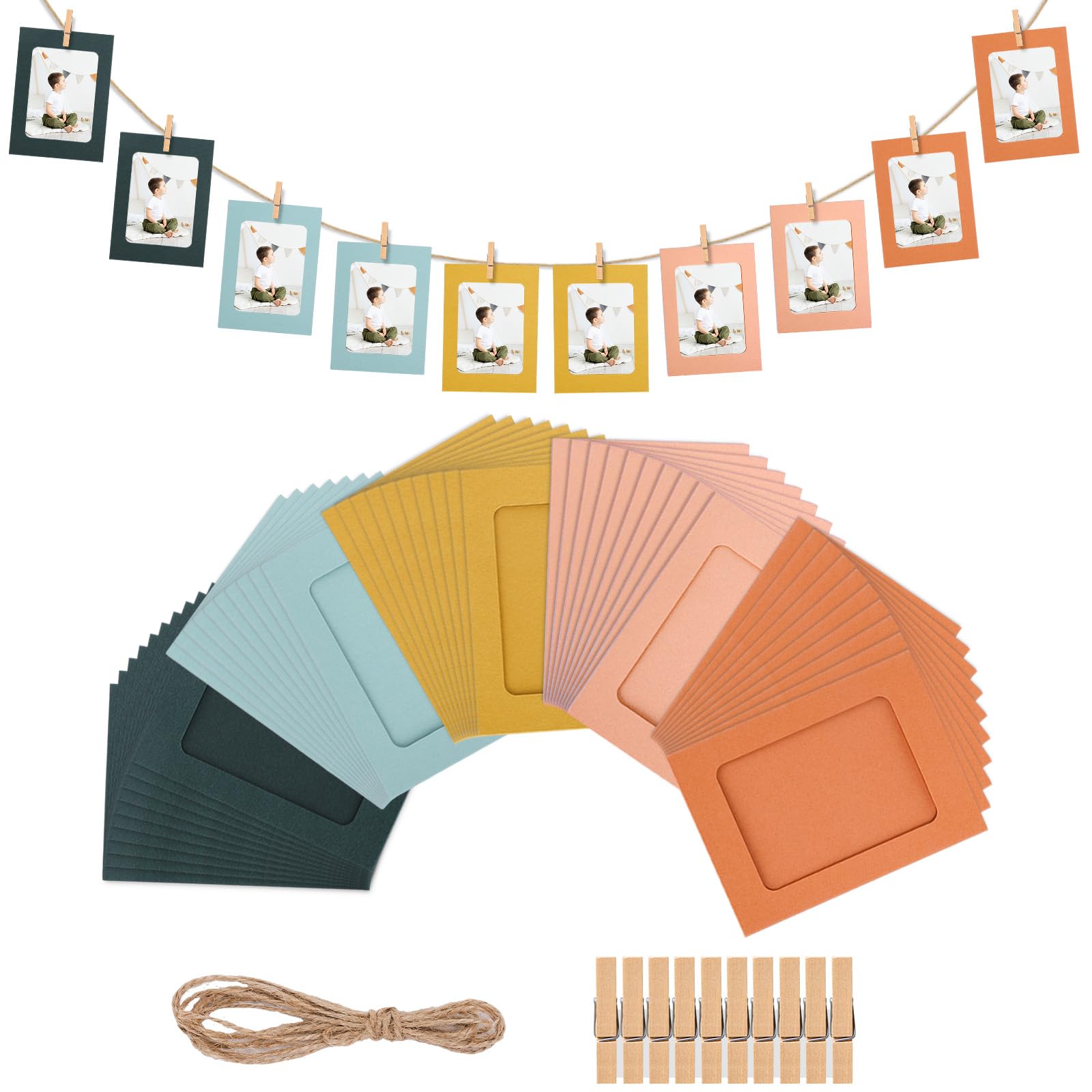 Lot 50 cadres papier bohème 10x15 avec mini pinces en bois de lin