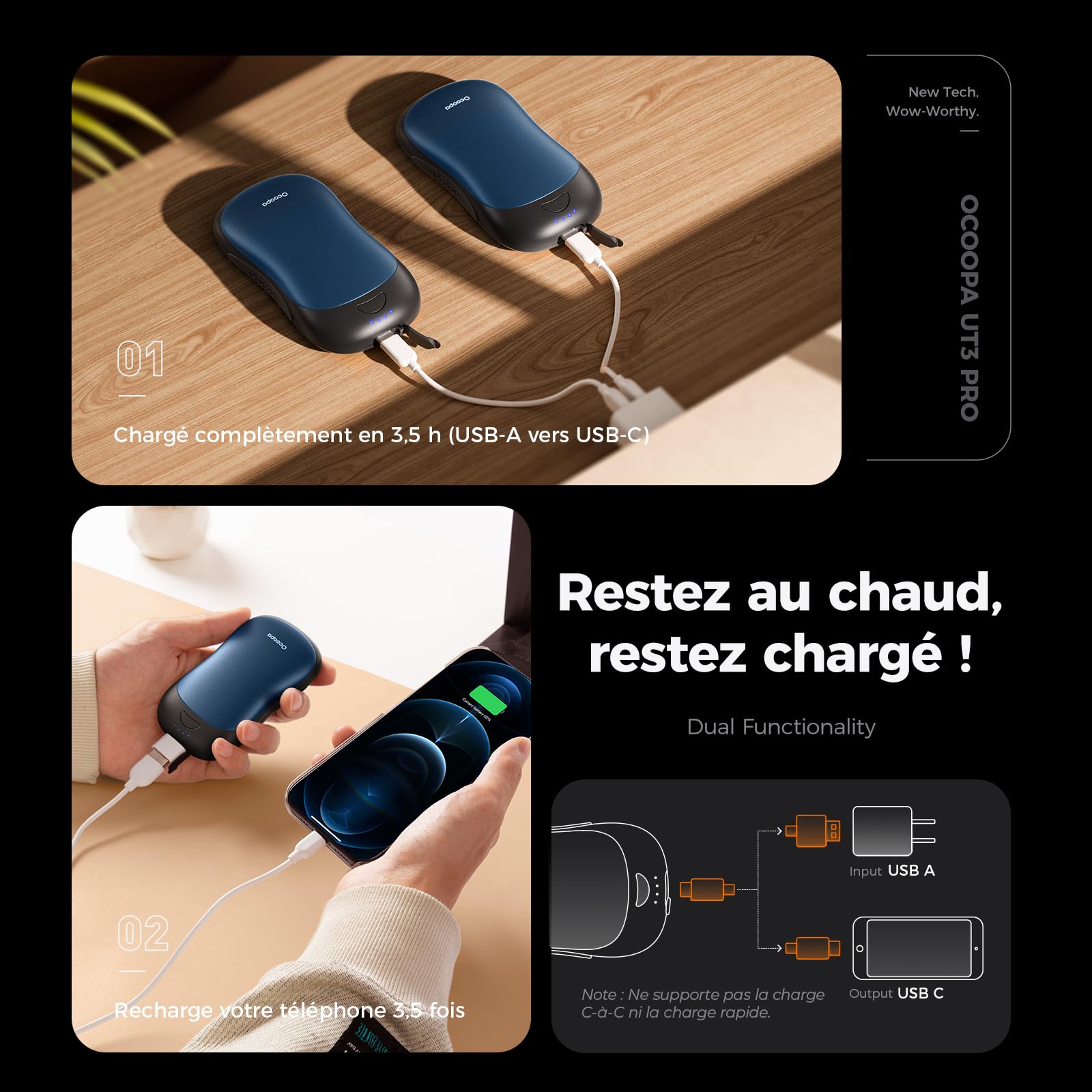 Chauffe-mains Rechargeable 10000mAh OCOOPA UT3 Pro - 4 Niveaux De Chaleur, Aussi Power Bank