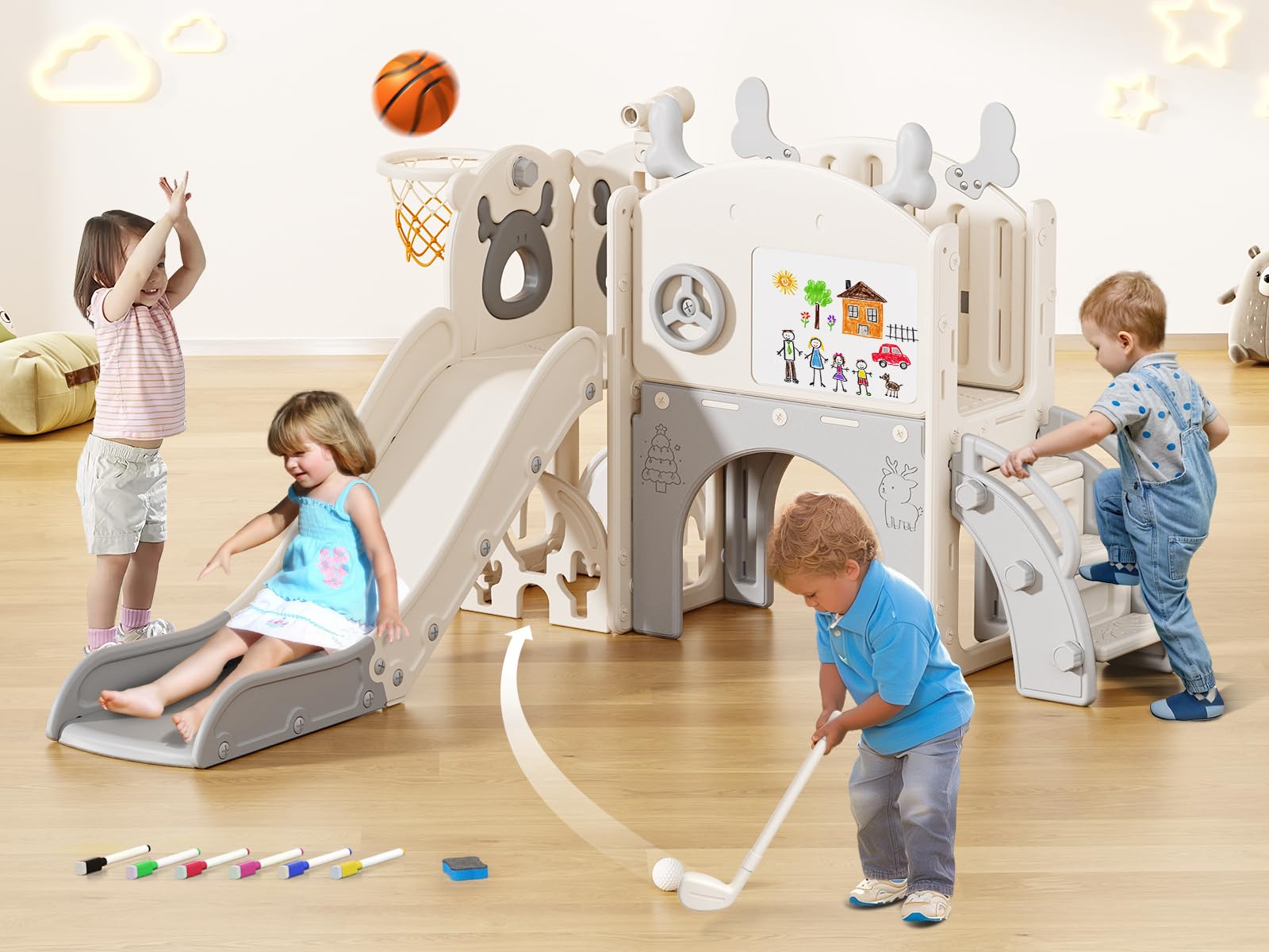 Krovtoy Scivolo per bambini a tema alce di Natale, indipendente con set da golf, Attrezzatura per parco giochi con scivolo per bambini, per uso interno (beige grigio- 6 in 1)
