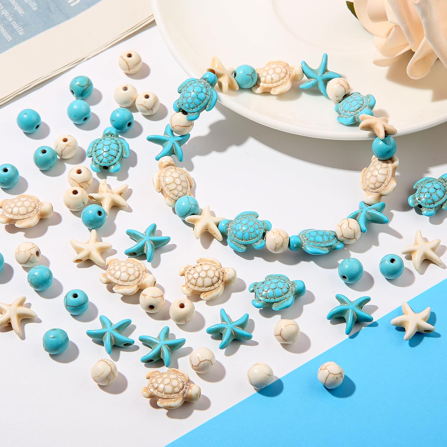 210pcs Turquoise Beads Sea Turtle Bead Floral White Turtle Charms Synthetic Turquoise Starfish Beads for Jewelry Craft Making(bluewhite) - Image 2