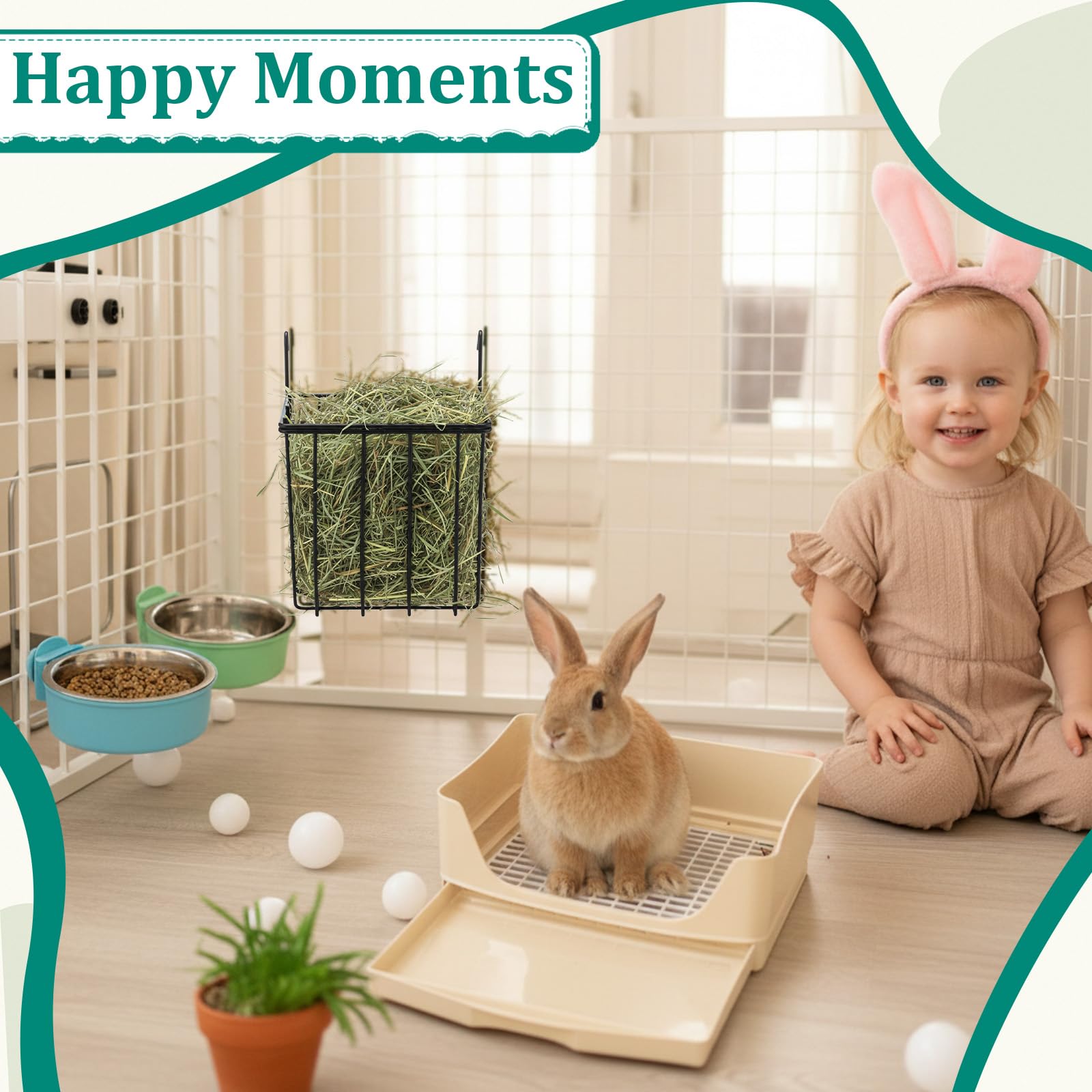 Leinuosen 4 Pcs 3 in 1 Rabbit Hay Feeder with Litter Box 2 Hanging Bowl,Rabbit Litter Box Metal Hay Rack Bunny Guinea Pig Hays Holder Bunny Bedding Toilet for Guinea Pig Chinchilla Other Small Animal - image 5