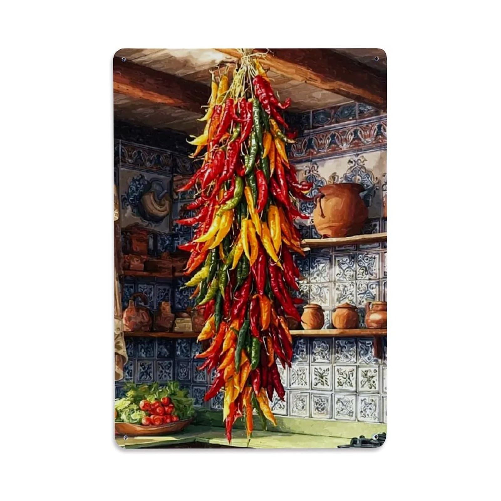 Jdfenggu Vintage Colorful Chili Peppers Hanging Drying Retro Metal Tin Sign, Decor Art Poster For Bar, Home, Man Cave, Kitchen, Laundry Room Gift 8X12inch