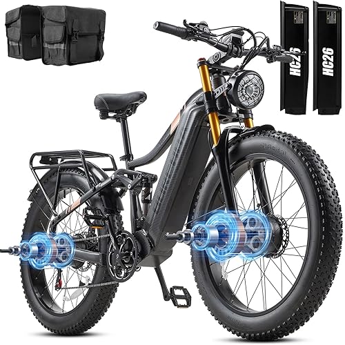 Electric Bike for Adults Dual Motor 2000W/1000W 48V 30AH/20Ah Long Range ebike Removable Battery 26" Fat Tire Off Road Mountain Full Suspension Electric Bicycle,Dual Hydraulic Brakes,32mph/30mph
