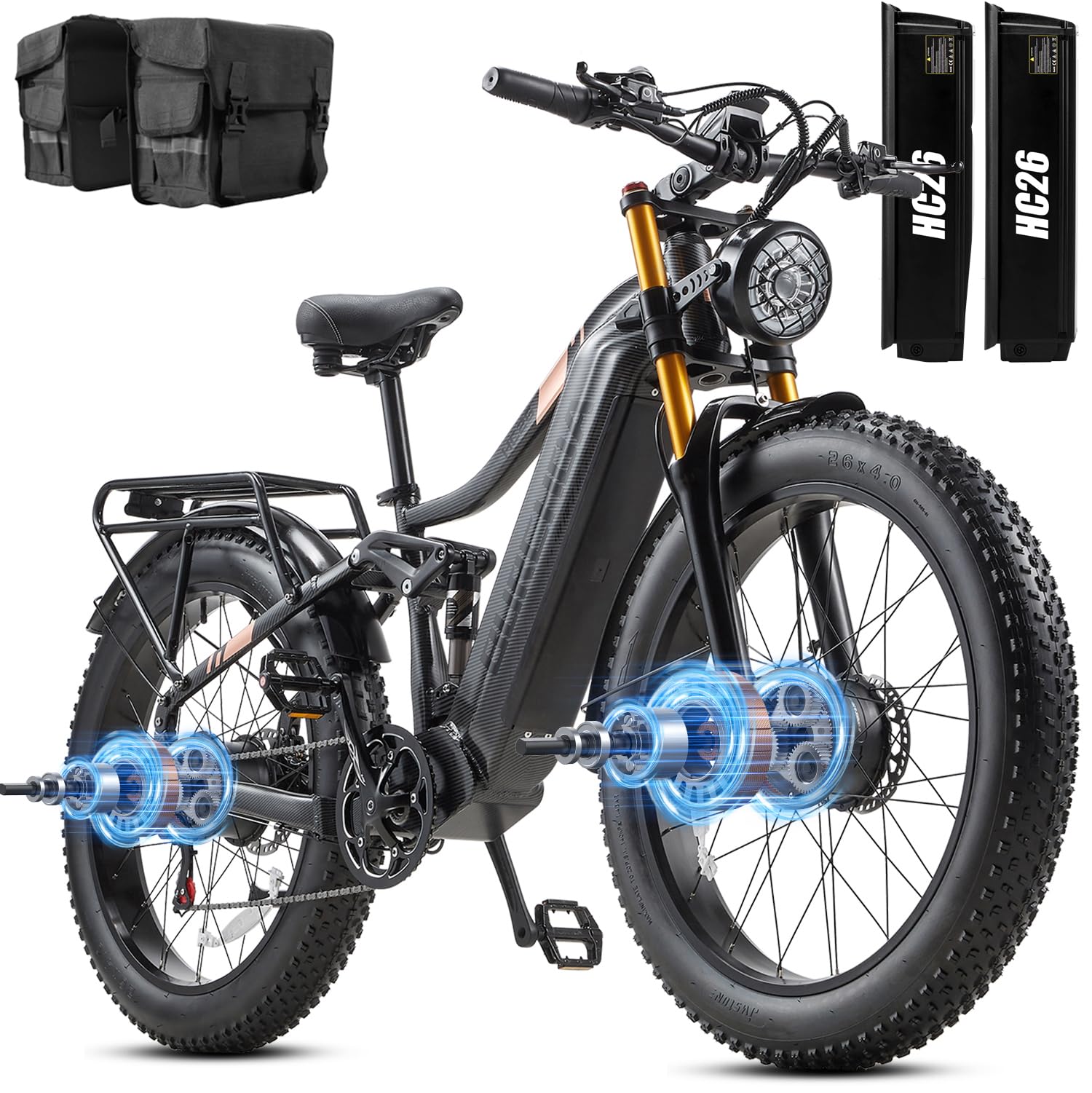Electric Bike for Adults 3000W/1500W Peak AWD Dual Motor Hunting Ebike,30+MPH Speed & 120 Mi with 48V 60Ah/40Ah/30Ah/20Ah Battery, 26" Fat Tire Full Suspension Dual Hydraulic Brakes Mountain E Bike
