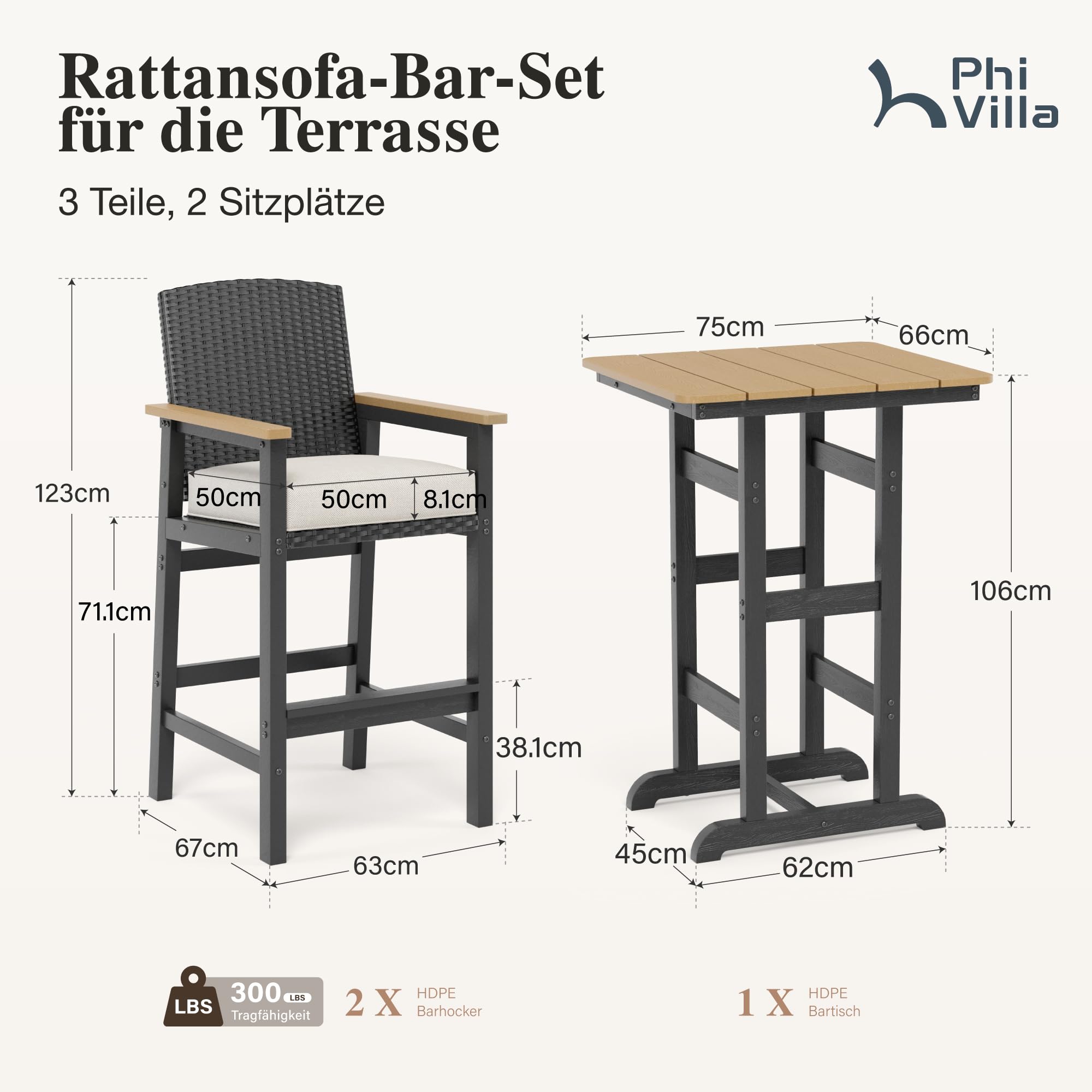 PHI VILLA 3-teiliges Bartisch mit Barhocker Set, Outdoor Barmöbel Garten Bartisch Set mit Rattan Hocker und Tischplatte in Holzmaserung, Bar Tisch mit 2 Stühlen für Terrasse