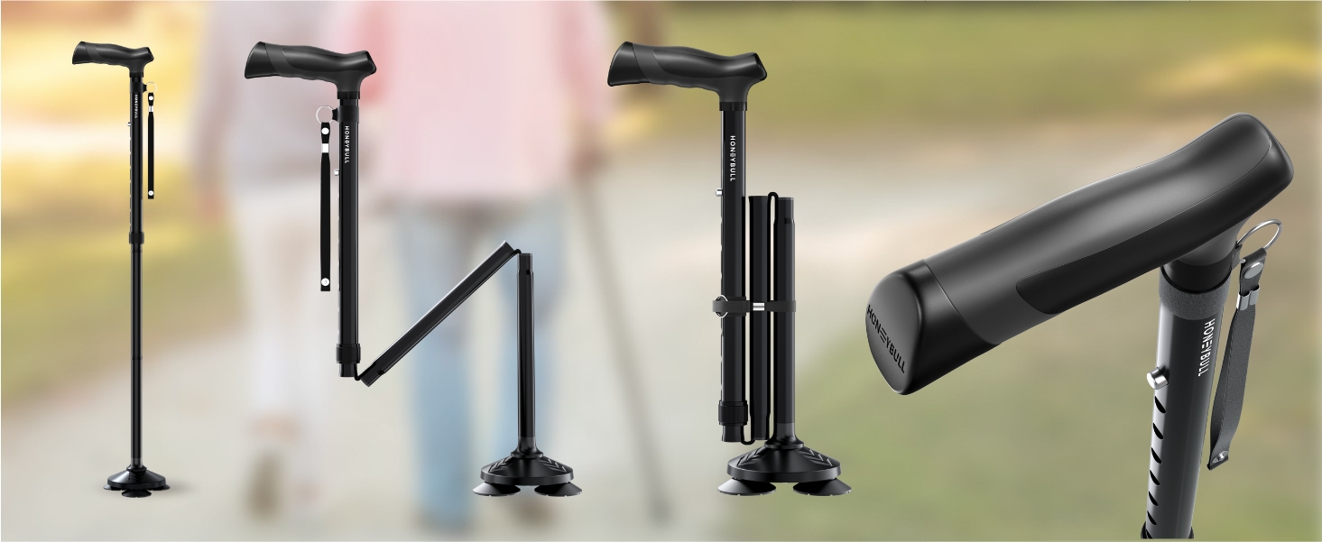 HONEYBULL Walking Cane for Men & Women Foldable, Adjustable, Heavy Duty, Free Standing, All Terrain, Collapsible Walking Sticks for Seniors & Adults