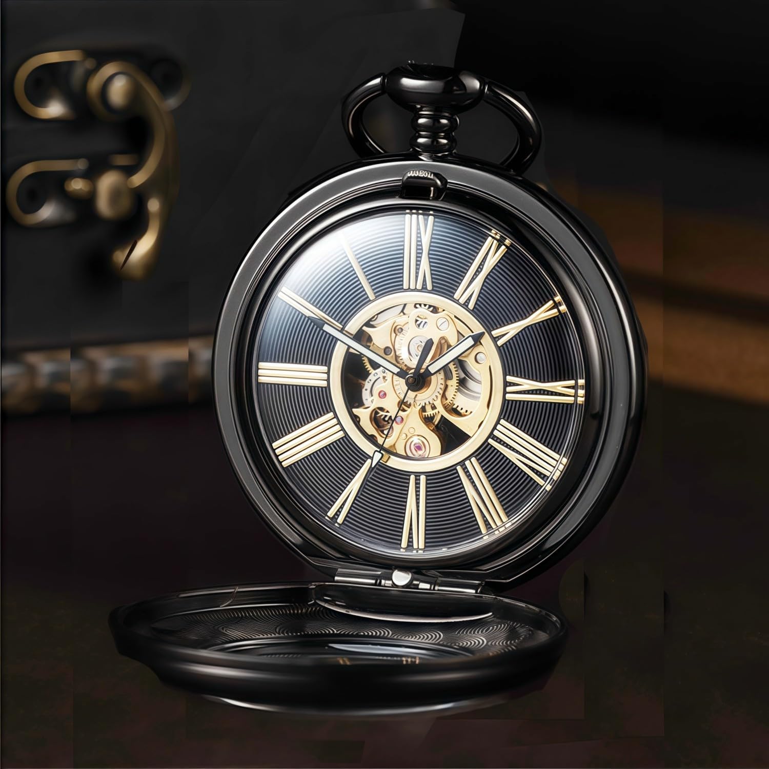 Mechanical Pocket Watch, for Men Women Special Magnifier Half Hunter Engraved Case Roman Numerals with Chain