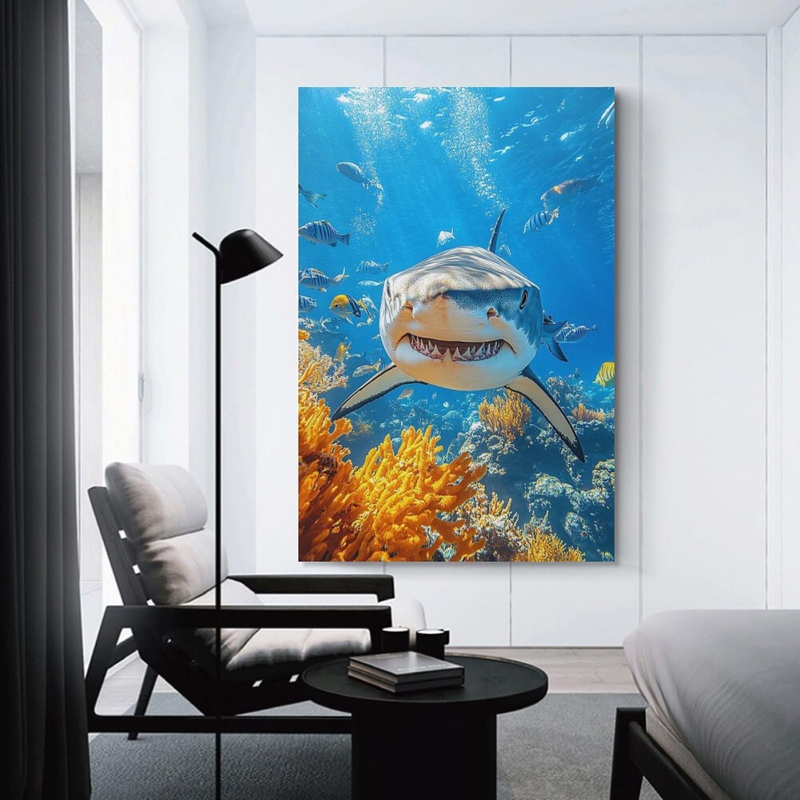 Junmoney Shark in Ocean with Coral Reef Canvas Art Print 24x36inch(60x90cm), for Calm Bedrooms, Home Corners Or Flats, An Easy Wall Refresh for Bedrooms