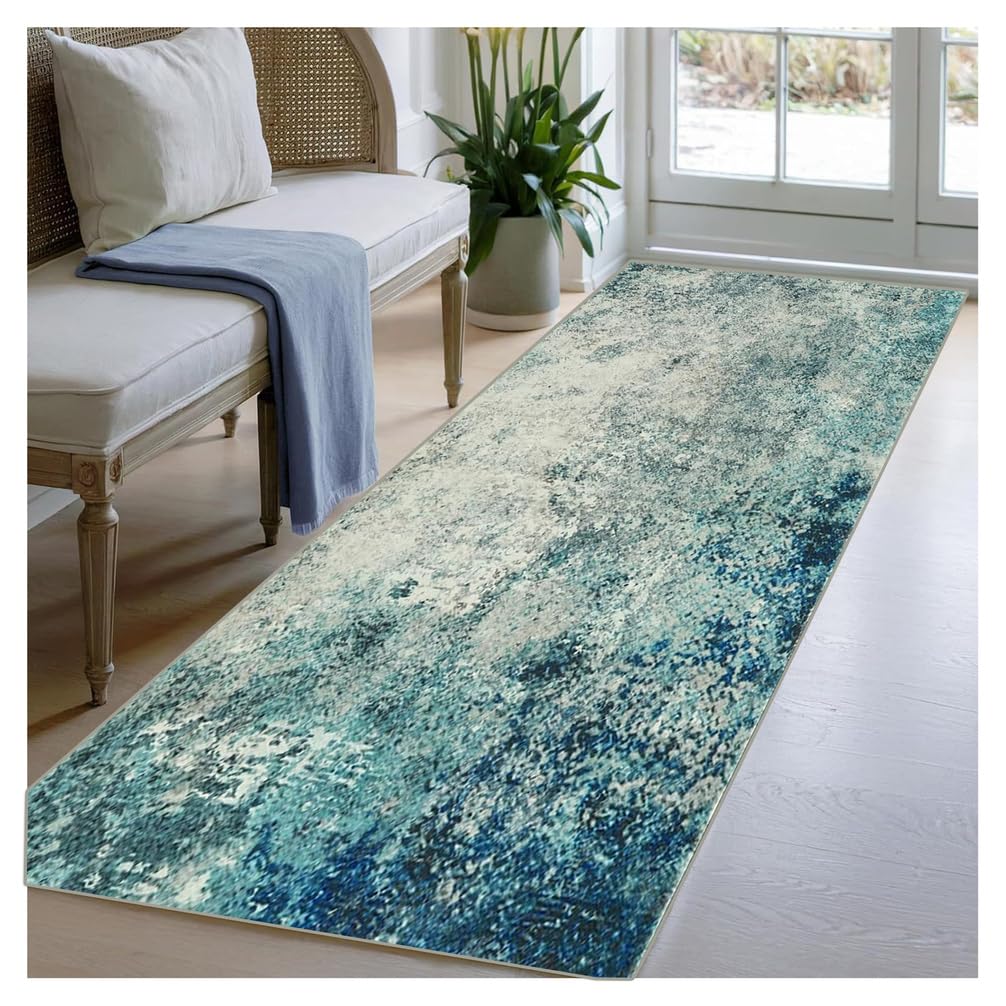 BORKOY Abstract Contemporary Runner Rug Blue Green Carpet Runner for Hallway 100x450cm Non Slip Washable Hall Runner Long Kitchen Runners Low Pile Soft Carpet for Bedroom Laundry Living Room Entryway