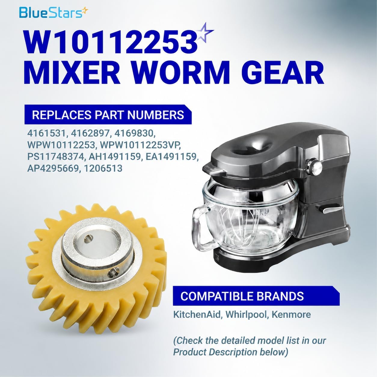 W10112253 Mixer Worm Gear Replacement Part by BlueStars – Compatible with Whirlpool & KitchenAid Mixers - Replaces 4162897 4169830 AP4295669 PS11748374 4161531 WPW10112253 - PACK OF 2