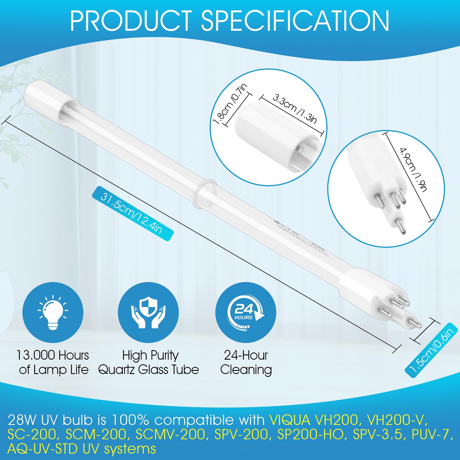Lampadina UV da 28 W compatibile con VIQUA S200RL-HO per sistema VH200, lampada ad alto rendimento per il trattamento delle acque, sostituzione annuale della luce UV per VH200-V SC-200 SCM-200