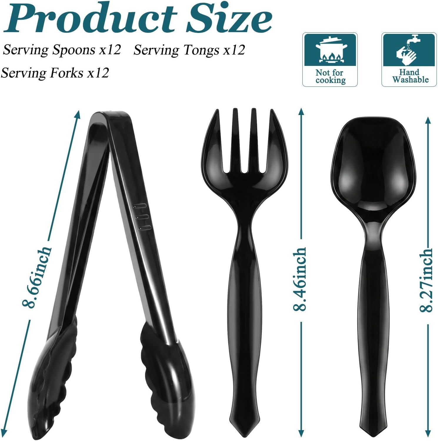 36 Pcs Disposable Plastic Serving Utensils - 9" Black Heavy Duty Serving Utensils Set, 12 Forks, 12 Tongs, 12 Serving Spoons for Buffet Party Chafing Dish Catering