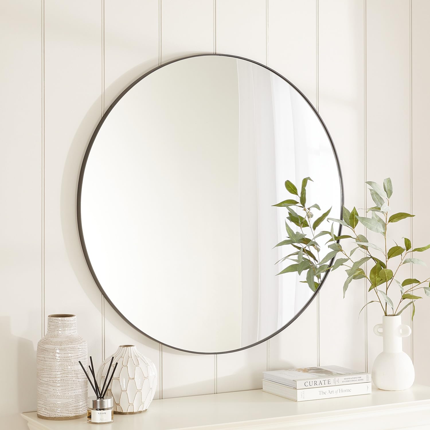 Chic Large Round Wall Mirror | Diameter 100cm | Black Metal Frame | Mirrored Safety Glass | Modern Circle Contemporary Design | Make Up Dressing | Hallway, Bedroom, Living, Dining Room