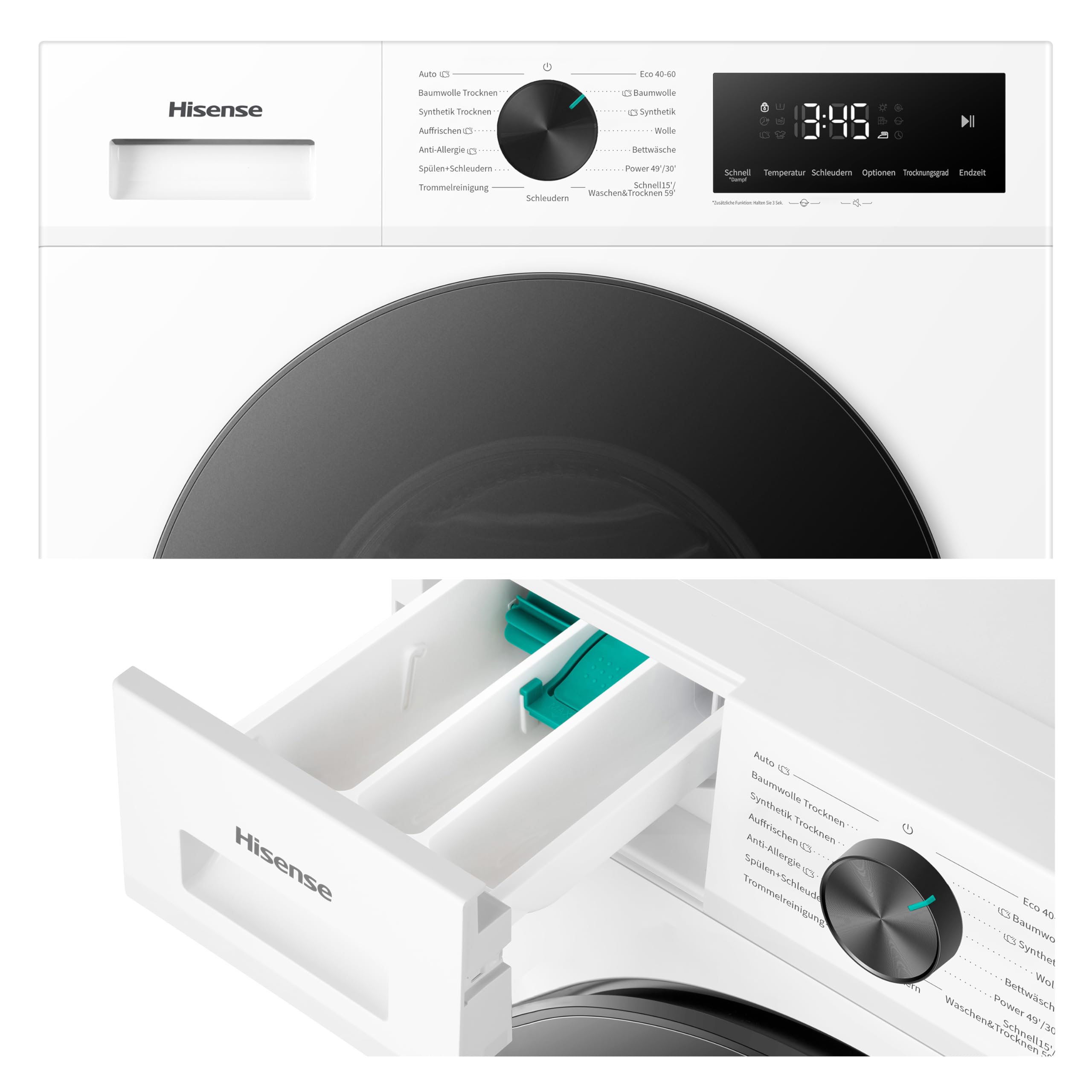 Hisense WD1I8042BWP2 Waschtrockner, 8 Kg, 1400 U/Min, 15 Programme, Automix-Waschmittelschubfach, Pure Jet, Wash&Dry 59', Eco Refresh, Schnellwaschgang, Dampffunktion, Anti-Allergie, EEK A-D, Weiß