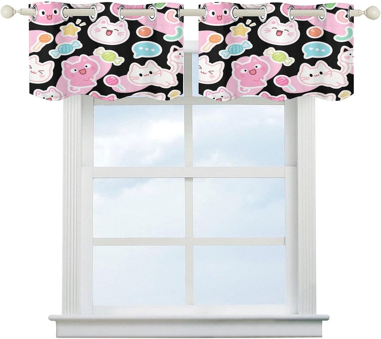Cartoon Cat Emojis Curtain 2 Panels, Polyester Fiber, Blackout Insulated Window Curtain, Curtain Valance for Kitchen Dining Room Living Room Cafe Small Window 52 * 18.1 Inches