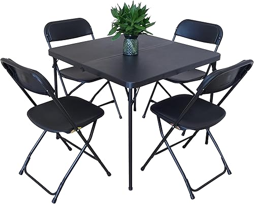 JB Tools Juego de mesa y silla plegable de 5 piezas, incluye mesa de tarjetas de media plegado de 34 x 34 pulgadas y 4 sillas plegables de plástico,
