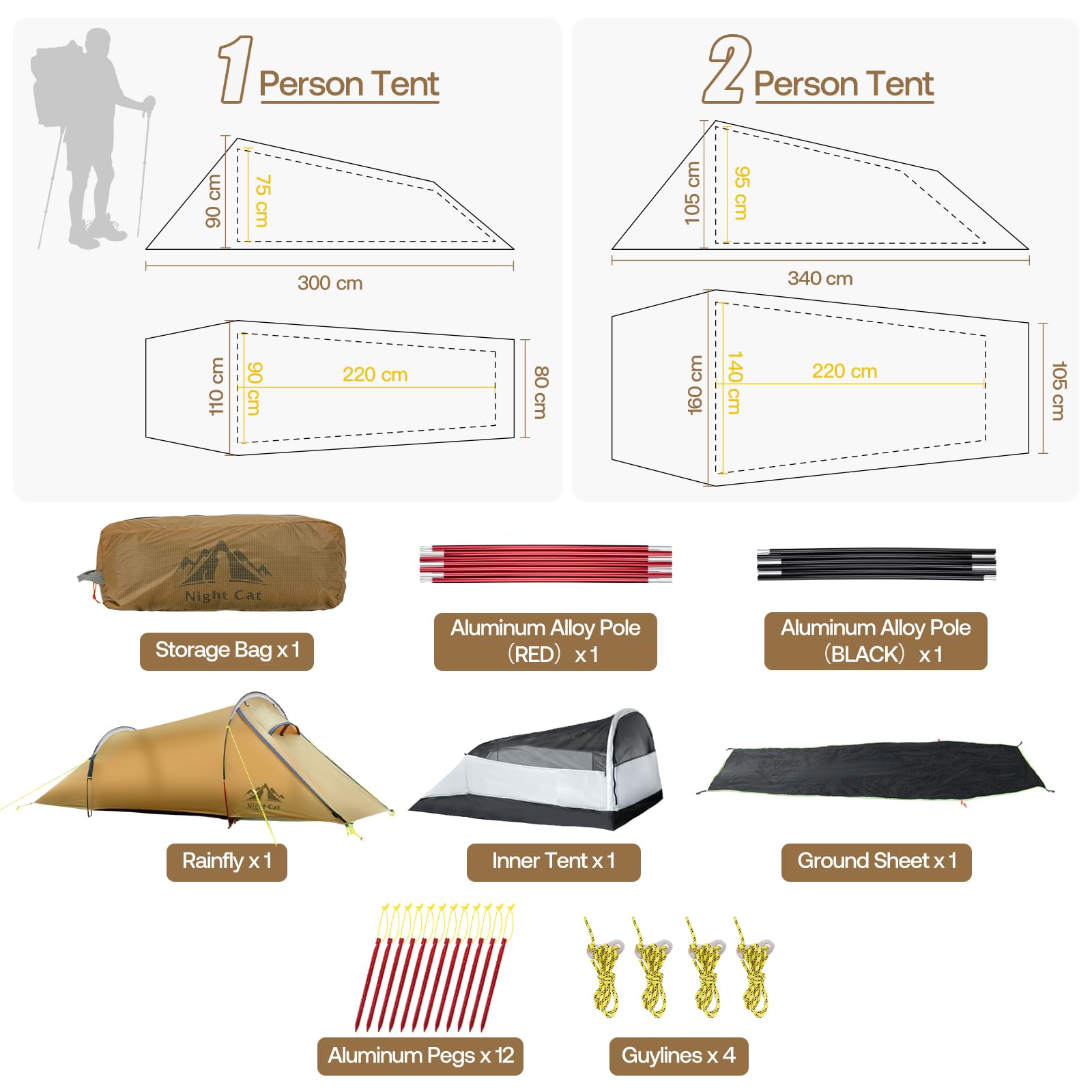 Night Cat Tunnelzelt 1 2 Personen Wasserdicht: Ultraleichtes Zelt Silnylon 15D 5000MM 1.5 KG für Fahrradtour Kleines Packmaß Trekking Camping