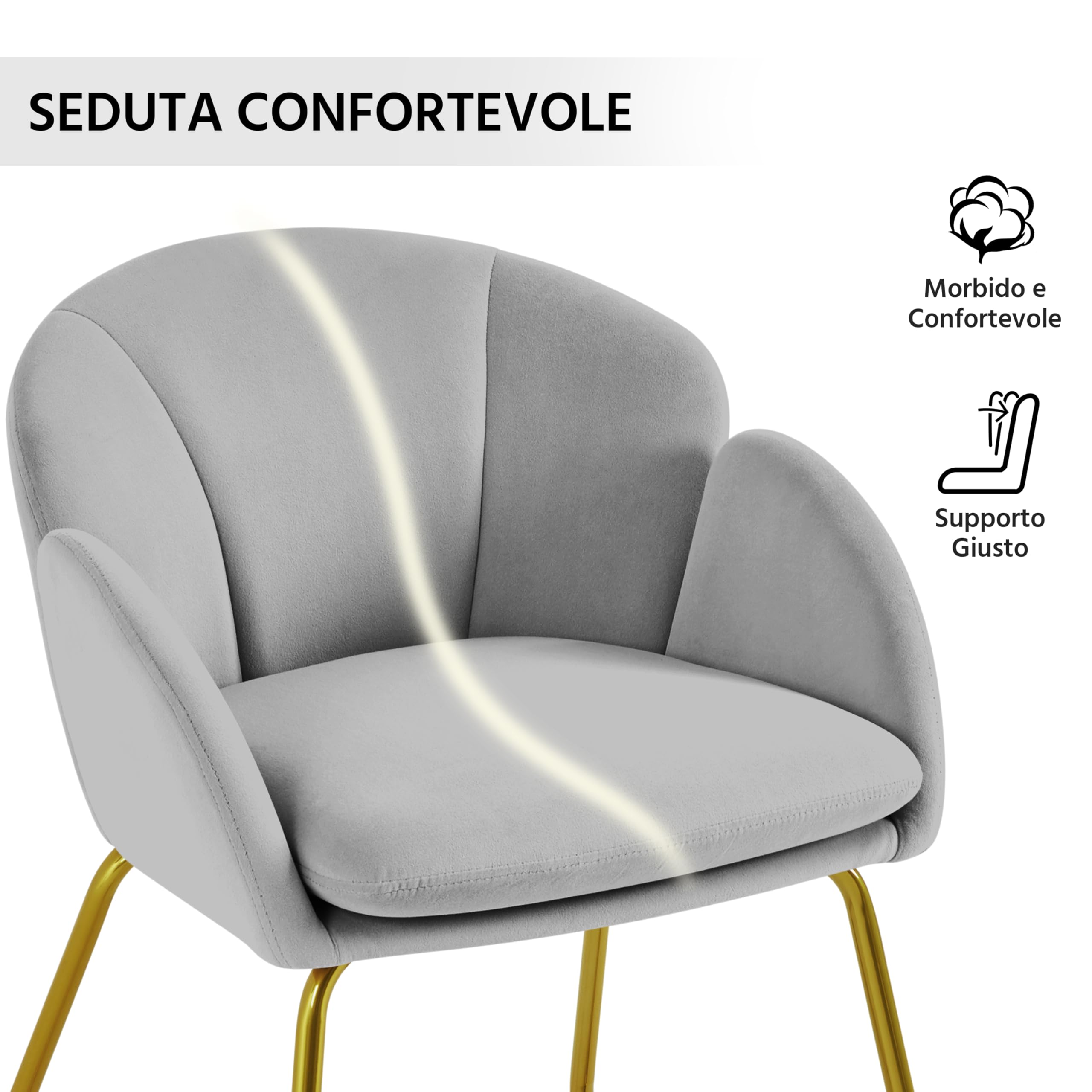 Yaheetech Poltroncina Camera da Letto Salotto Poltrona Soggiorno Imbottita Alta Moderna Ergonomica in Velluto con Schienale Circolare Braccioli Gambe in Metallo Portata 136 kg Grigio