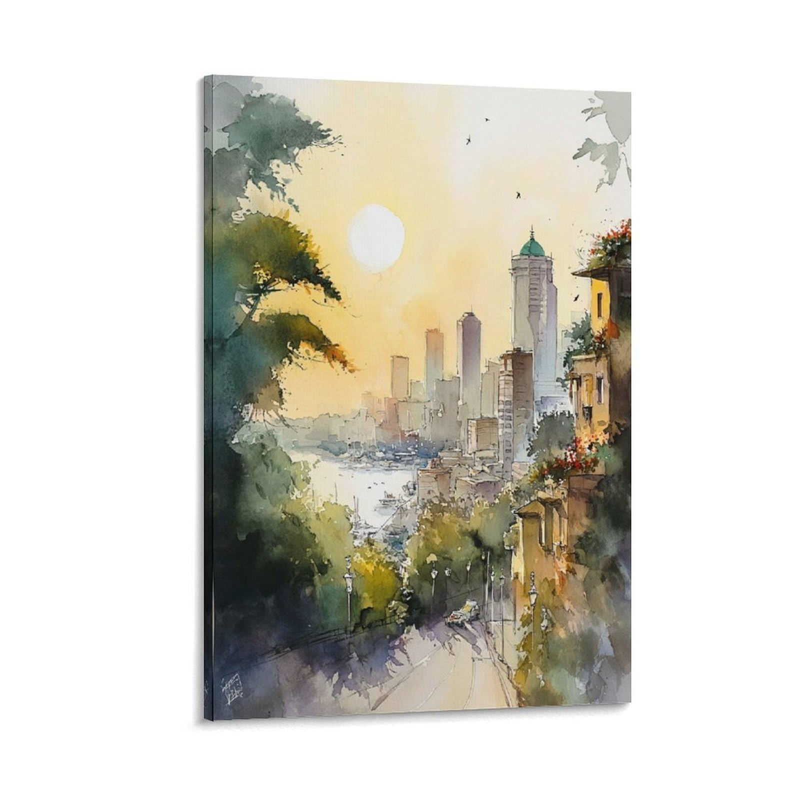 Cnaheiz Frame-Style Seattle Skyline Watercolor Print_ Washington Travel Posters 20X30inch(50X75cm) Vintage Watercolor Canvas Art