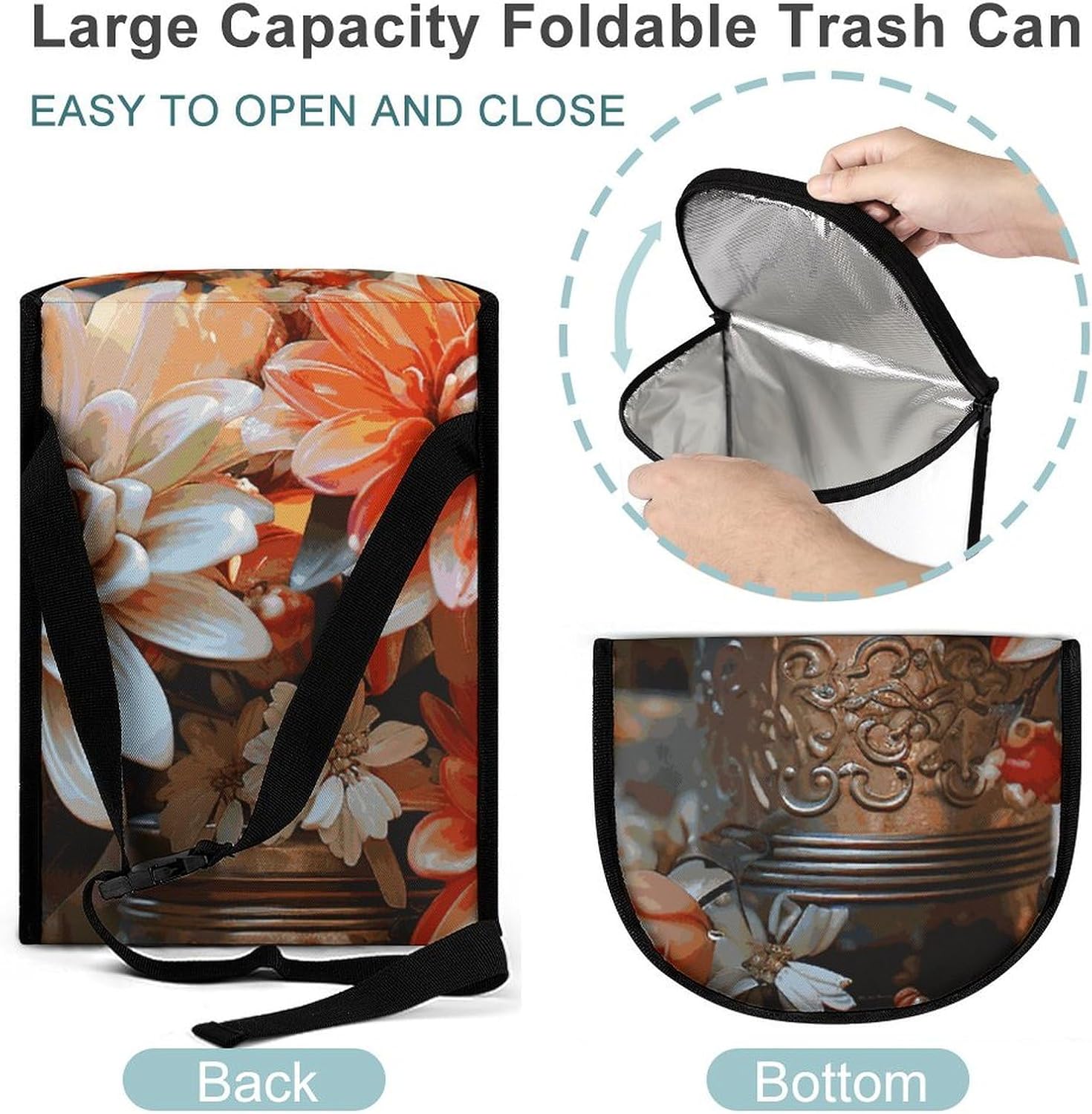 Hanging Car Trash Bag Orange Flowers Printed Car Garbage Storage Bag Leakproof Car Trash Can Portable Garbage Storage Bags